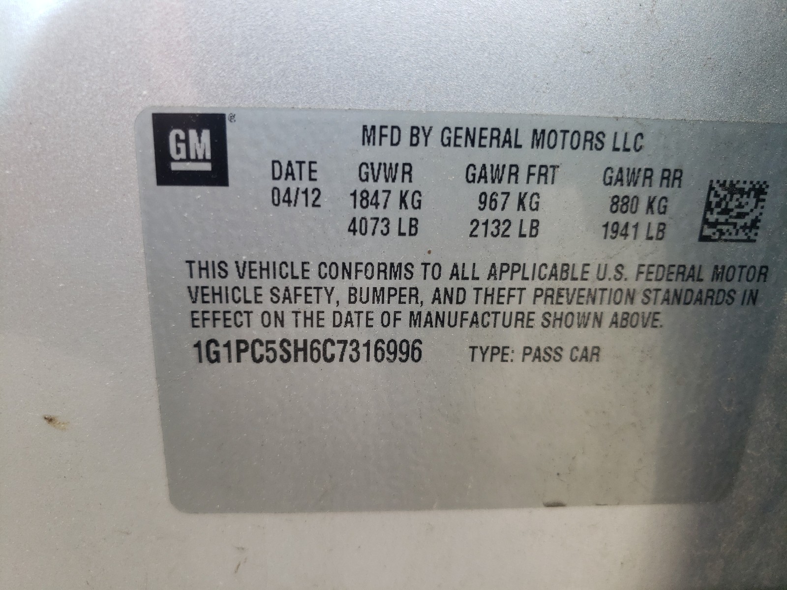 Photo 10 from auction – 2012 CHEVROLET CRUZE LS with VIN 1G1PC5SH6C7316996