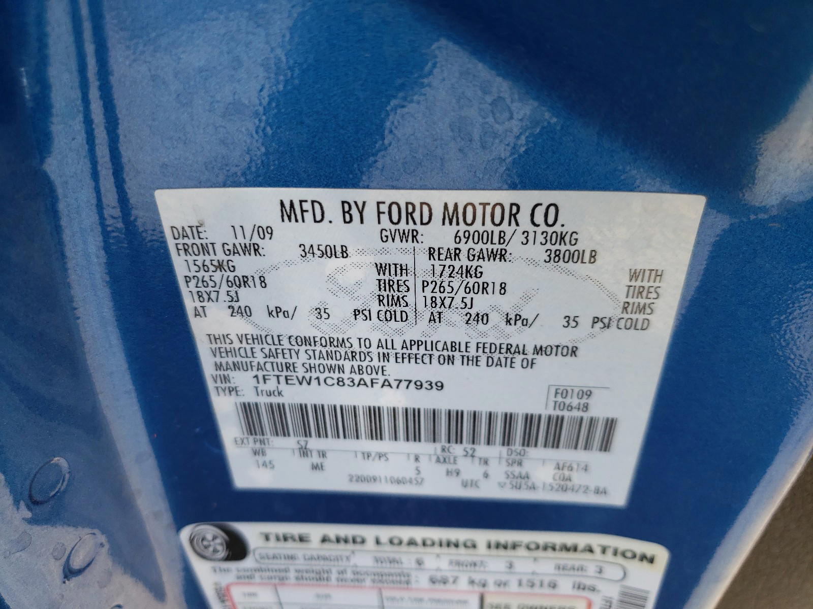 Photo 10 from auction – 2010 FORD F150 SUPER with VIN 1FTEW1C83AFA77939