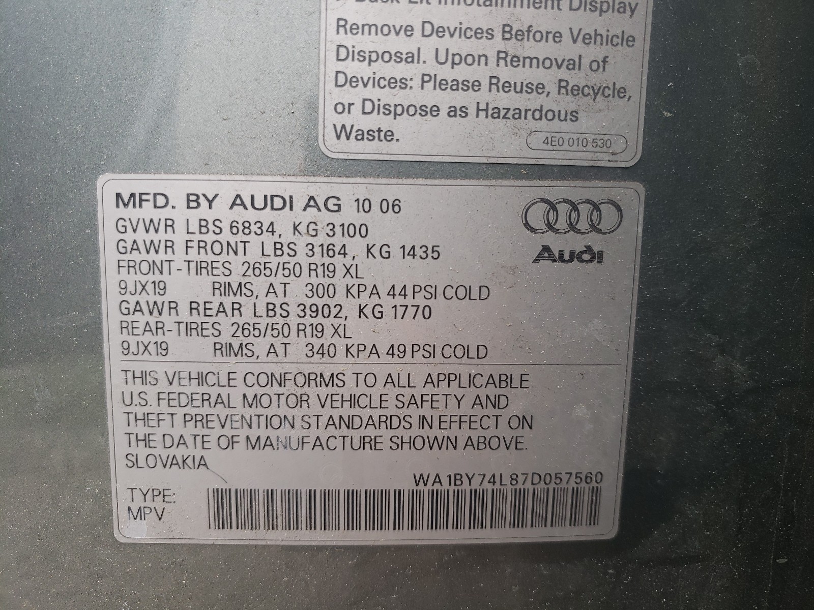 Photo 10 from auction – 2007 AUDI Q7 3.6 QUA with VIN WA1BY74L87D057560