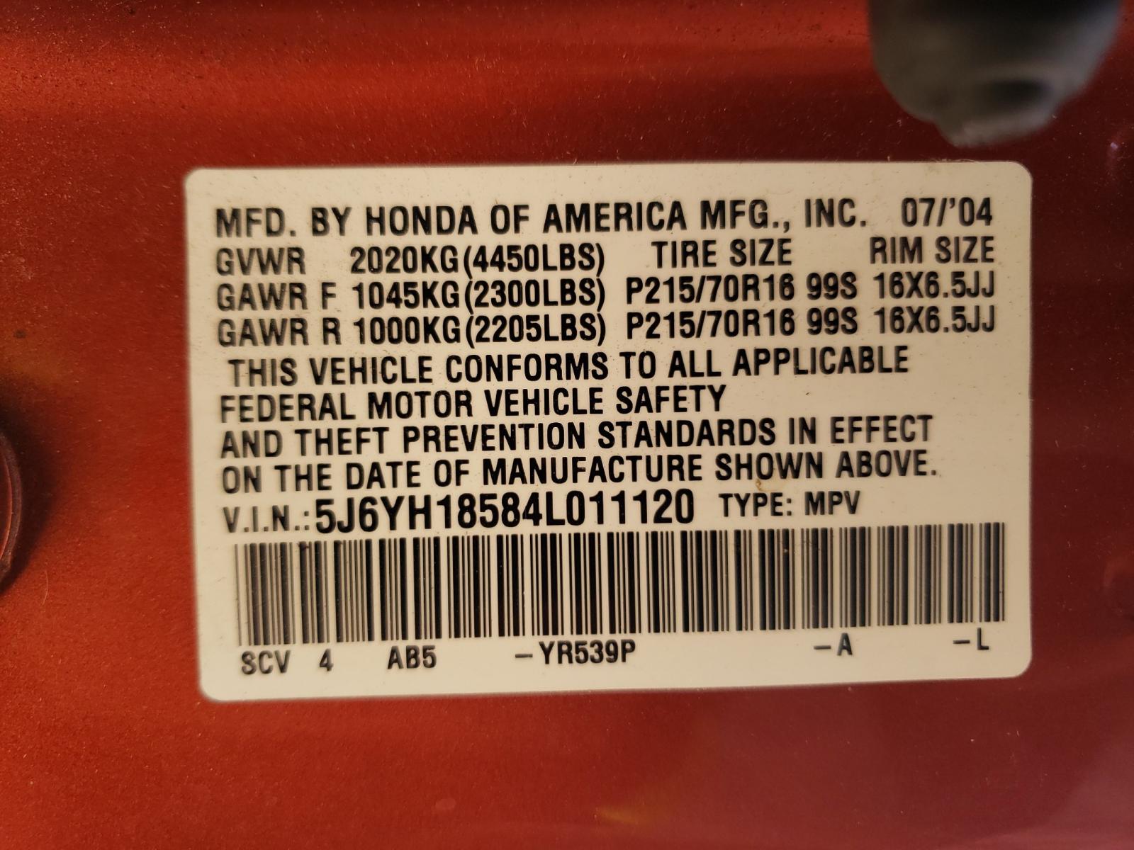 Photo 10 from auction – 2004 HONDA ELEMENT EX with VIN 5J6YH18584L011120
