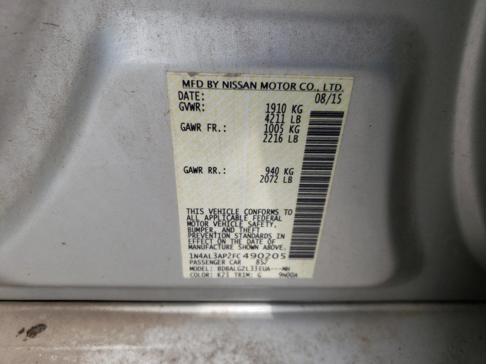 Photo 10 from auction – 2015 NISSAN ALTIMA 2.5 with VIN 1N4AL3AP2FC490205