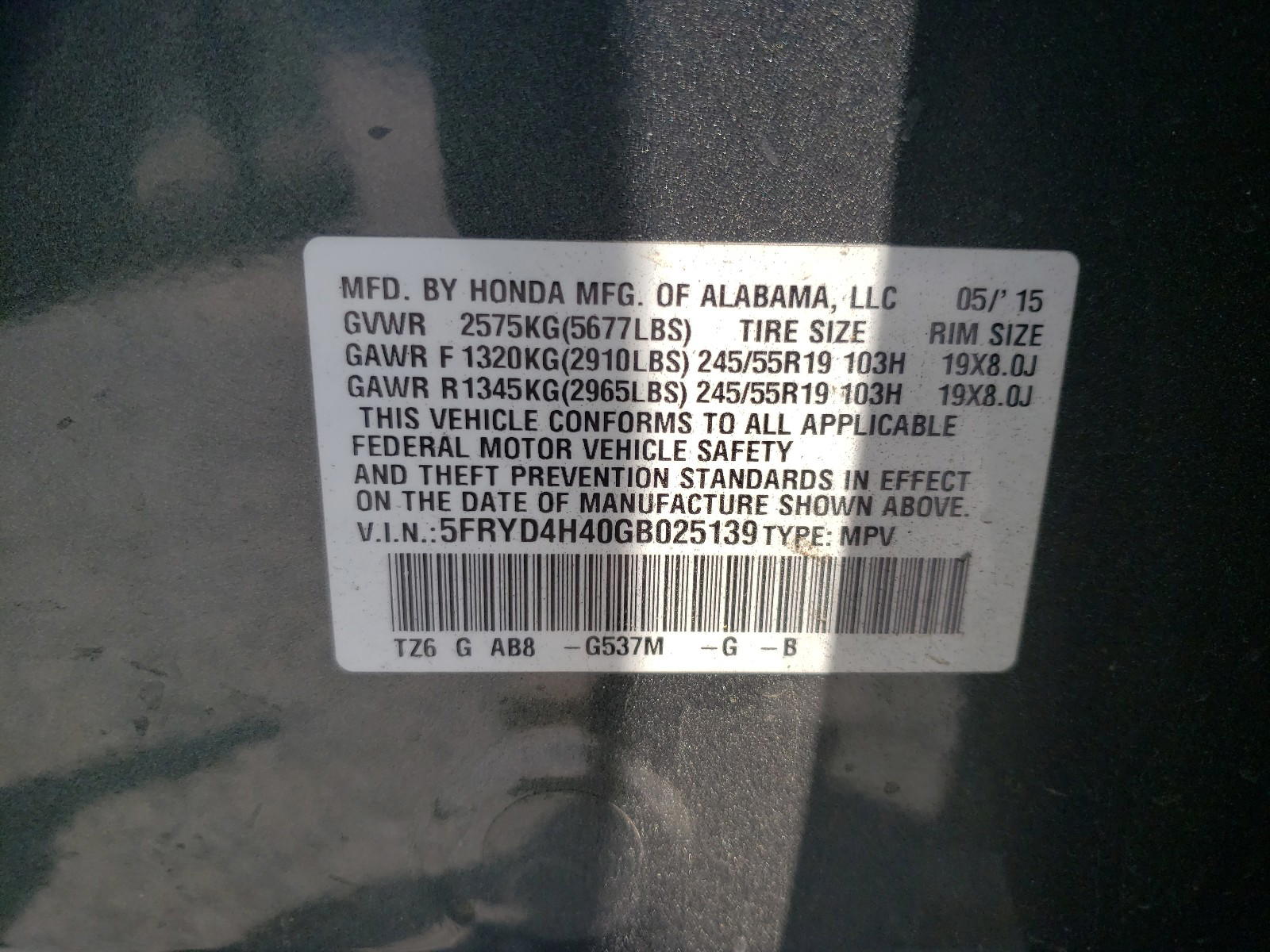 Photo 10 from auction – 2016 ACURA MDX TECHNO with VIN 5FRYD4H40GB025139