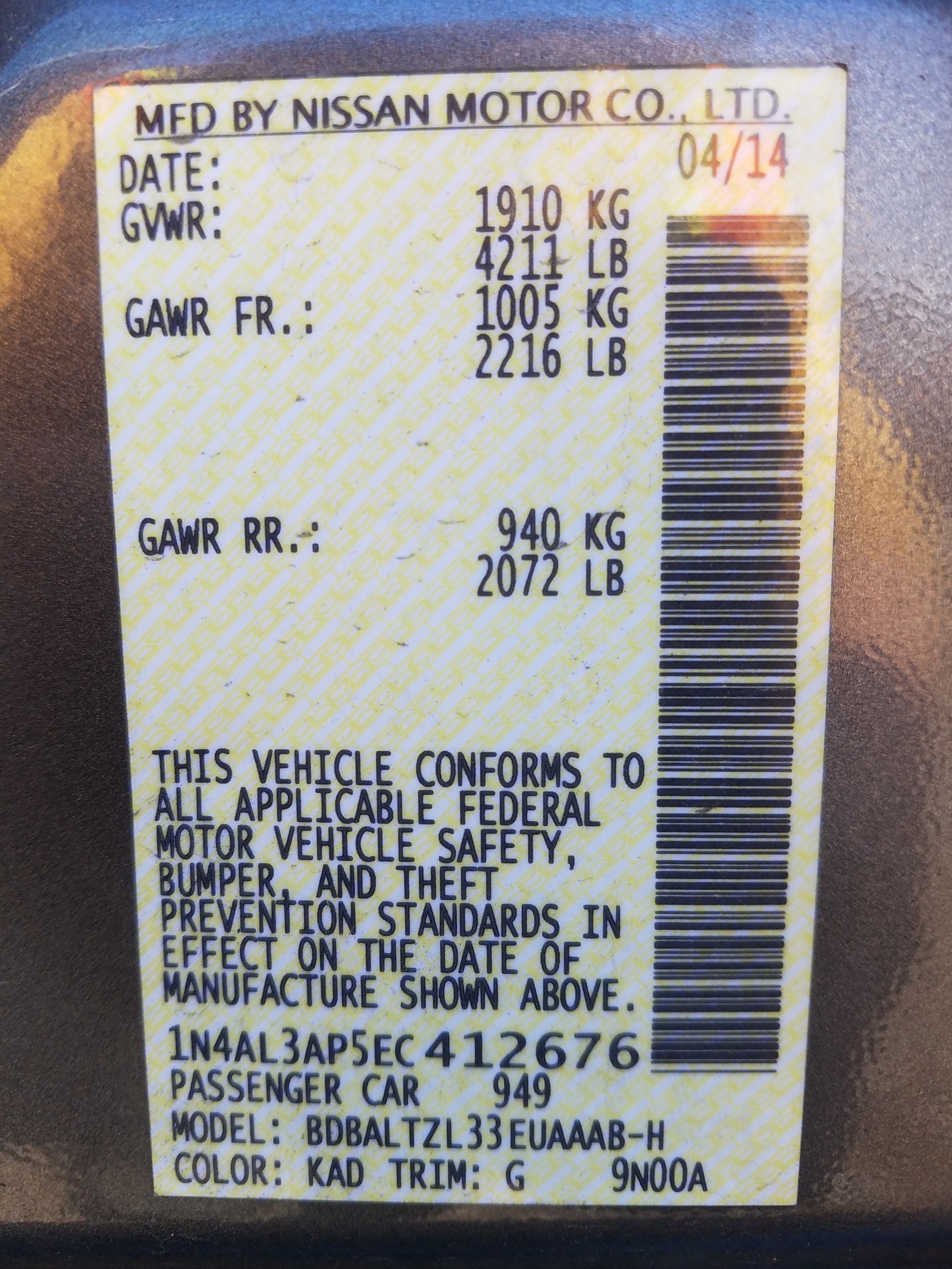 Photo 10 from auction – 2014 NISSAN ALTIMA 2.5 with VIN 1N4AL3AP5EC412676