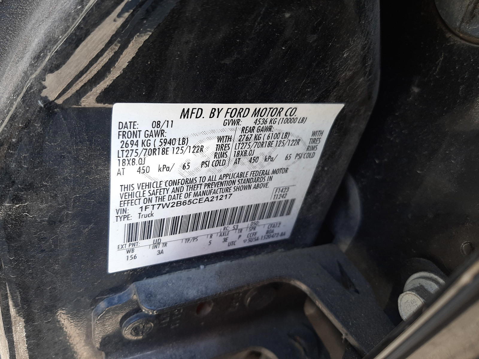 Photo 10 from auction – 2012 FORD F250 SUPER with VIN 1FT7W2B65CEA21217