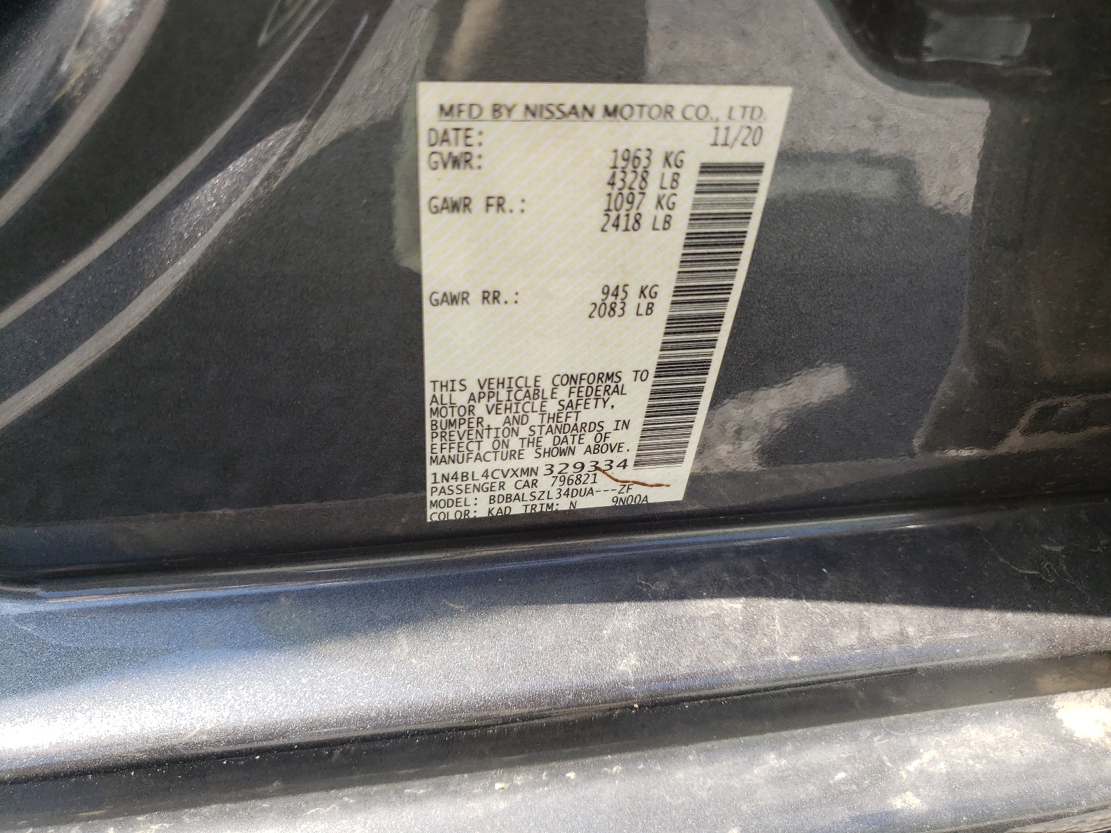 Photo 10 from auction – 2021 NISSAN ALTIMA SR with VIN 1N4BL4CVXMN329334