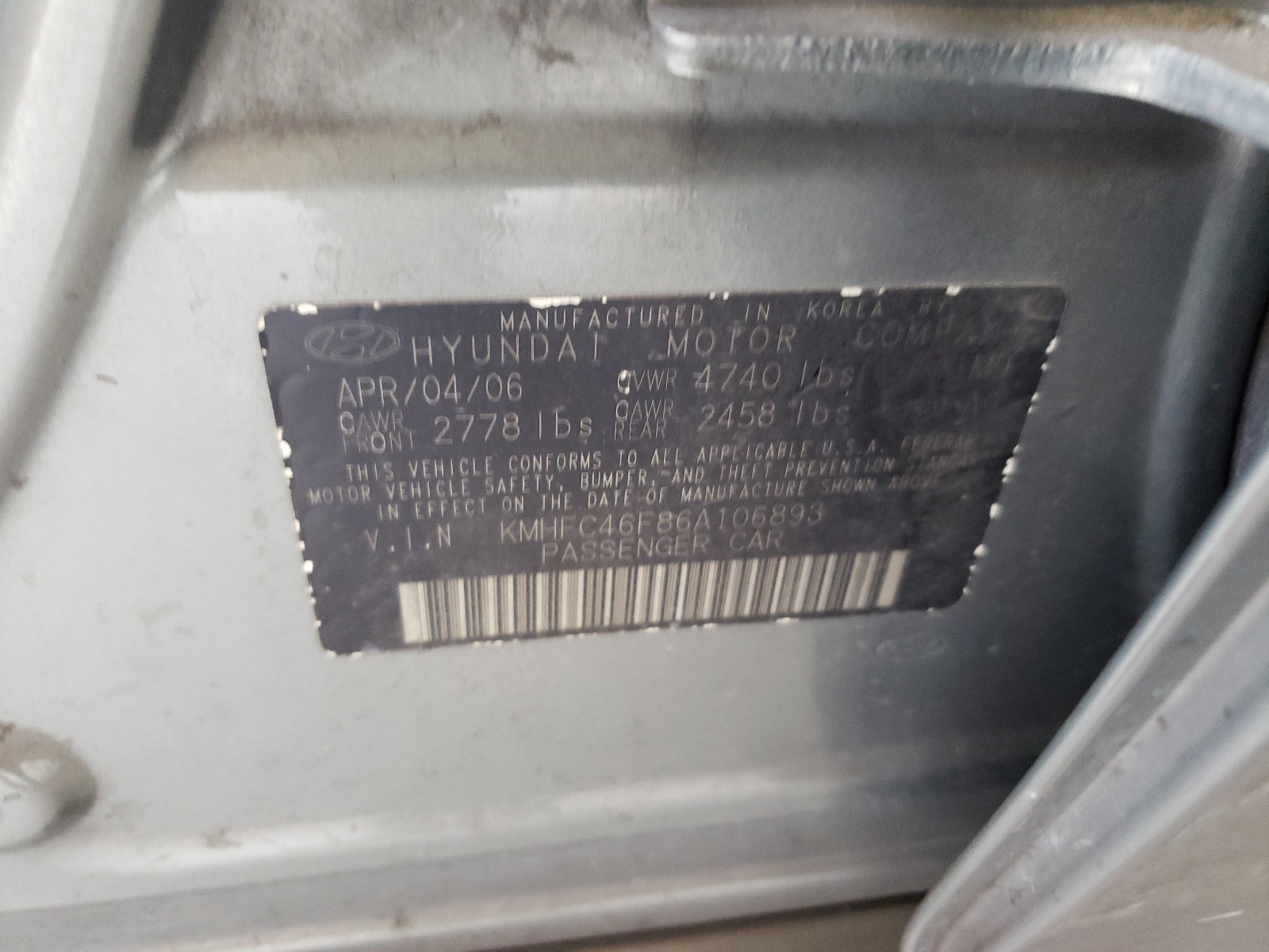 Photo 10 from auction – 2006 HYUNDAI AZERA SE with VIN KMHFC46F86A106893