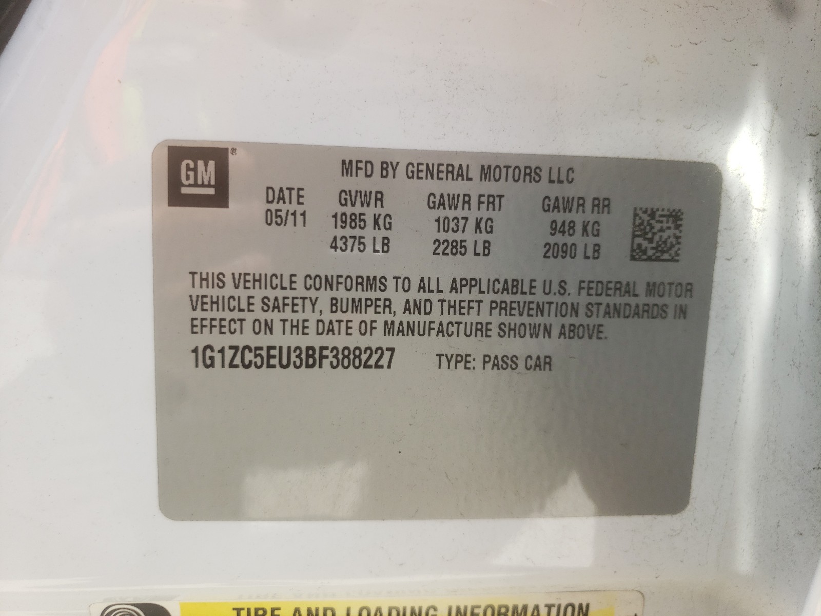 Photo 10 from auction – 2011 CHEVROLET MALIBU 1LT with VIN 1G1ZC5EU3BF388227