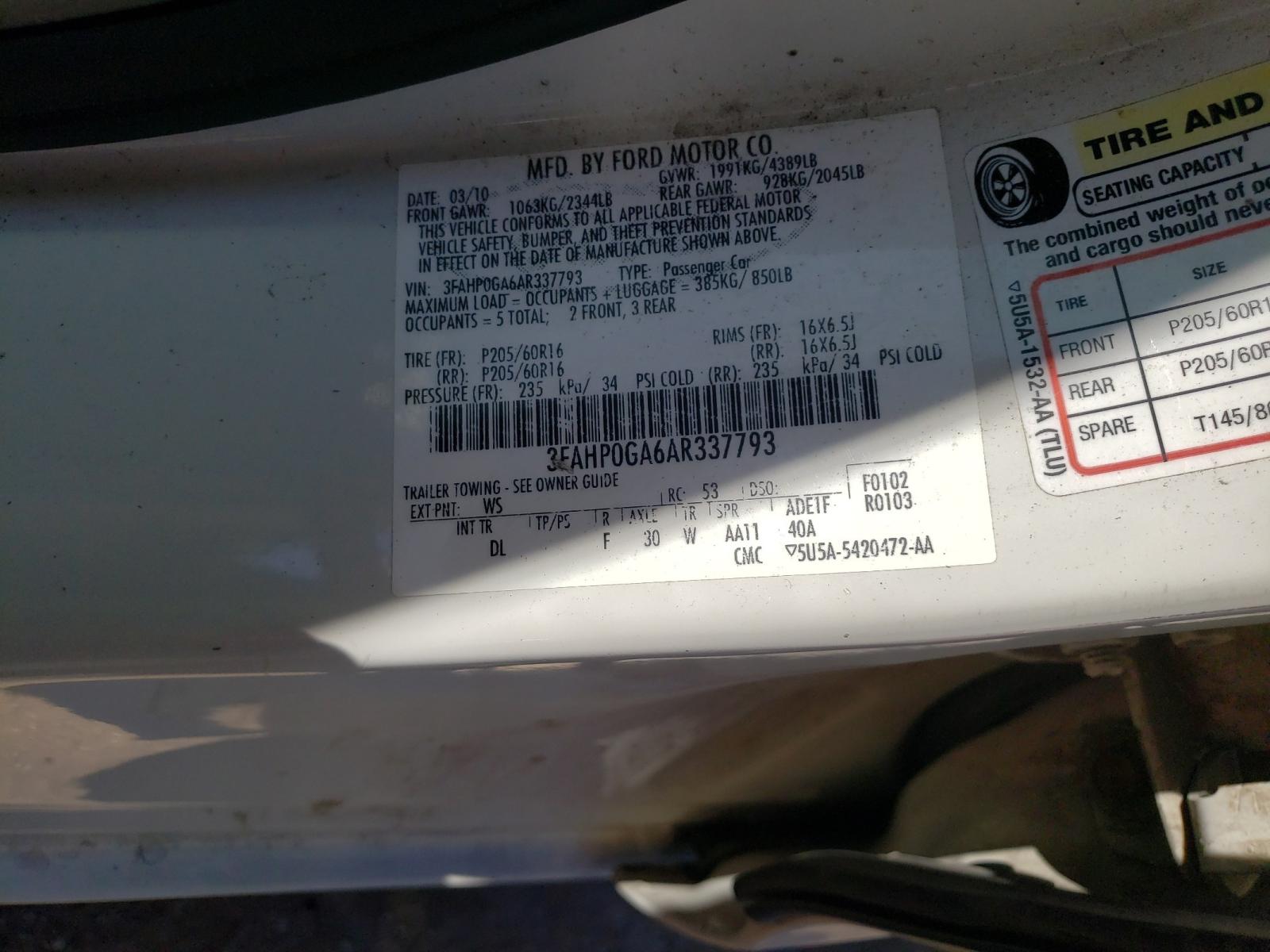 Photo 10 from auction – 2010 FORD FUSION S with VIN 3FAHP0GA6AR337793