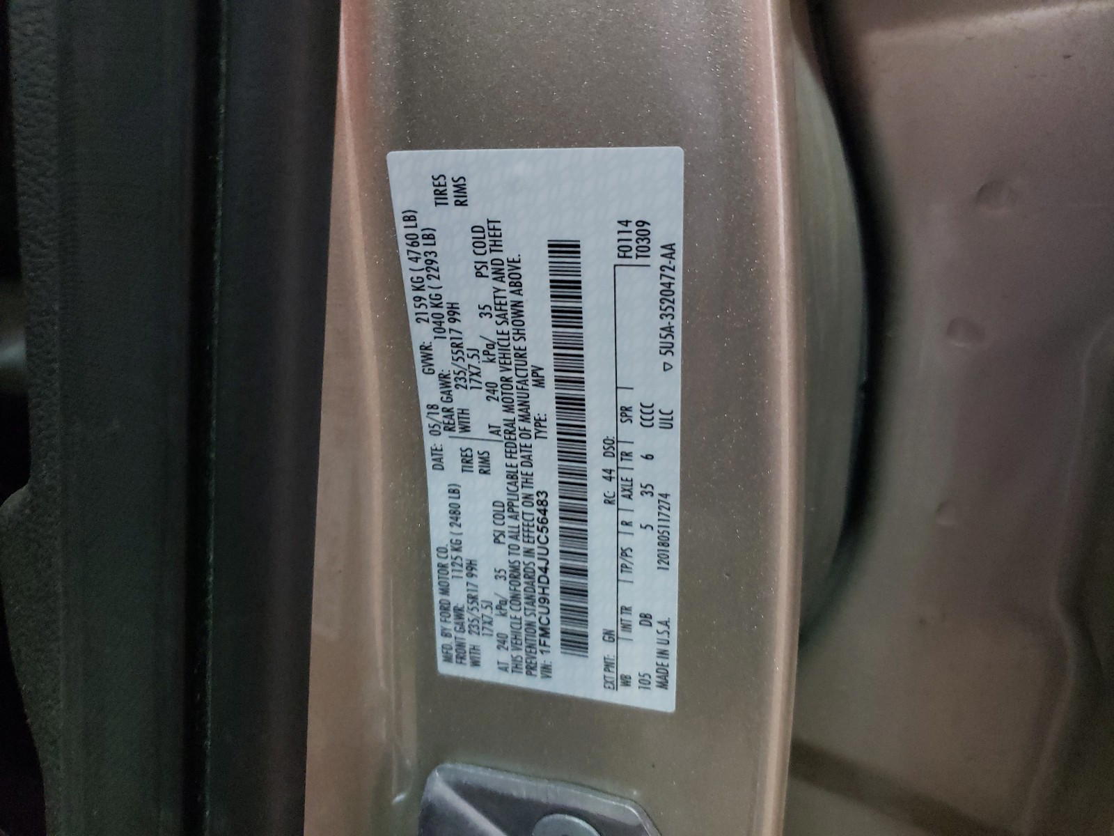Photo 10 from auction – 2018 FORD ESCAPE SEL with VIN 1FMCU9HD4JUC56483