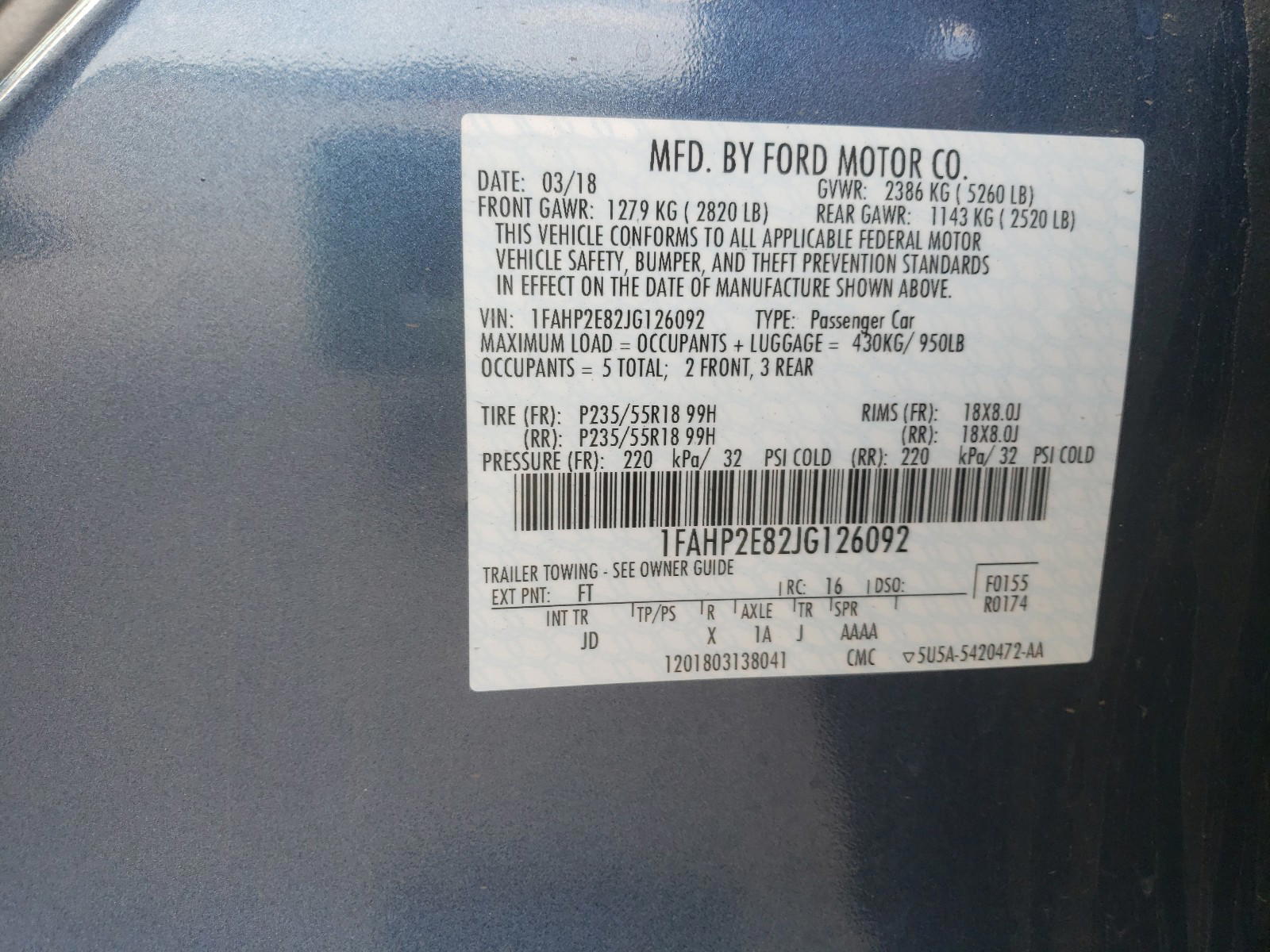 Photo 10 from auction – 2018 FORD TAURUS SEL with VIN 1FAHP2E82JG126092