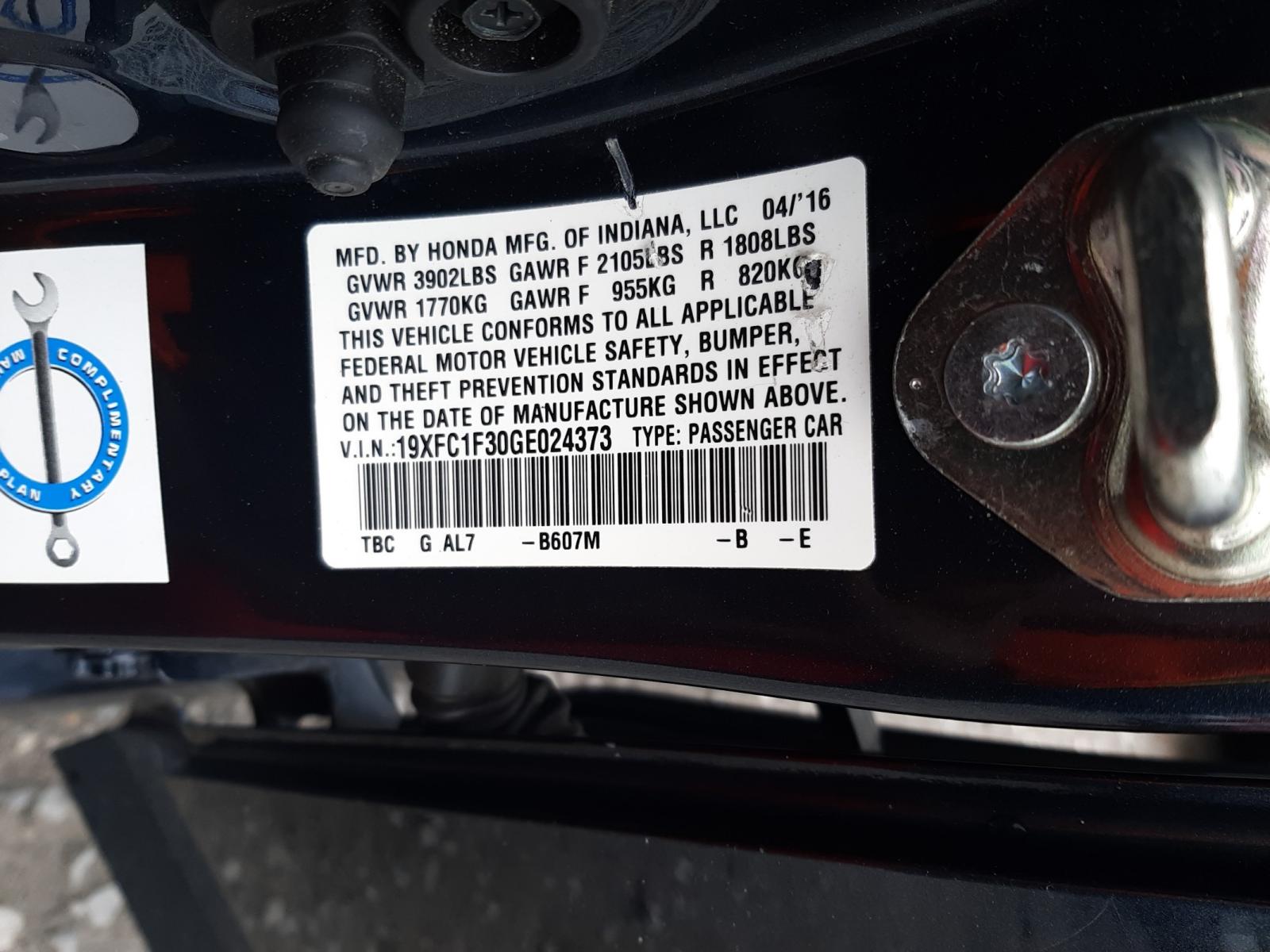 Photo 10 from auction – 2016 HONDA CIVIC EX with VIN 19XFC1F30GE024373