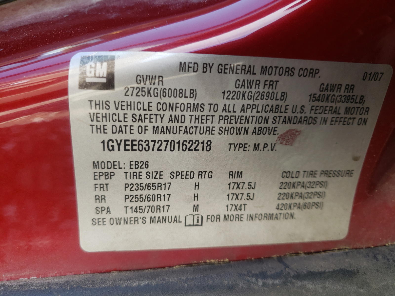 Photo 10 from auction – 2007 CADILLAC SRX with VIN 1GYEE637270162218