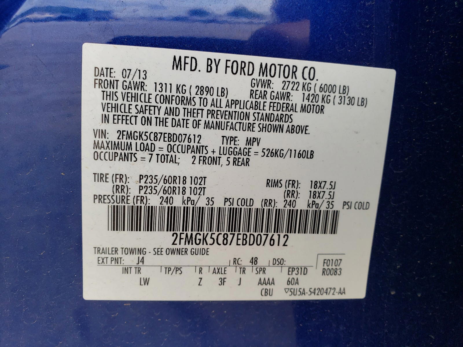 Photo 10 from auction – 2014 FORD FLEX SEL with VIN 2FMGK5C87EBD07612