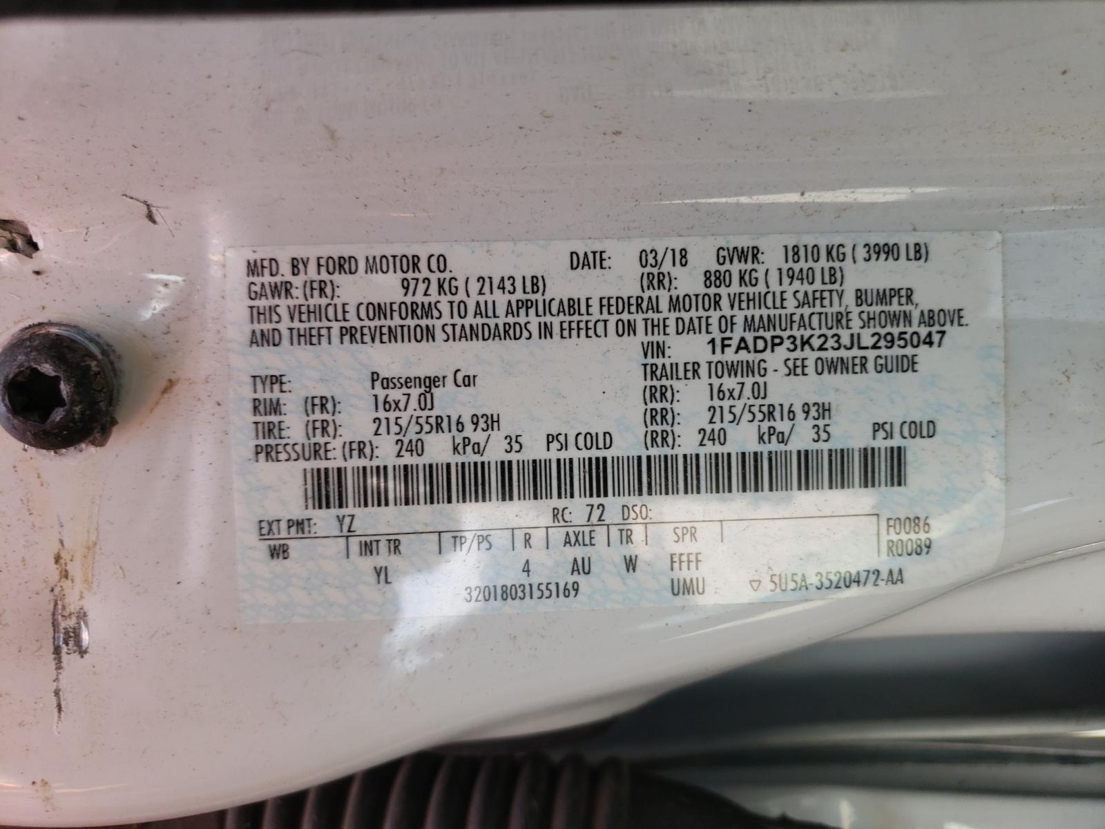 Photo 10 from auction – 2018 FORD FOCUS SE with VIN 1FADP3K23JL295047