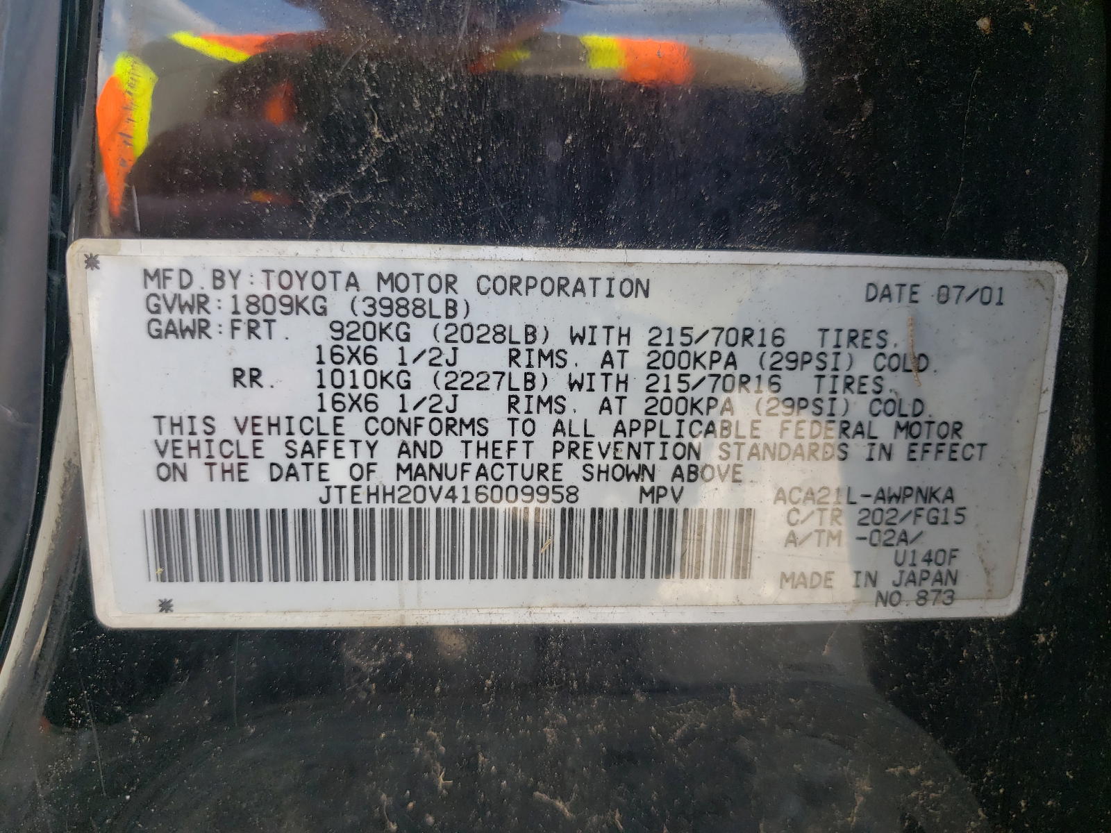Photo 10 from auction – 2001 TOYOTA RAV4 with VIN JTEHH20V416009958