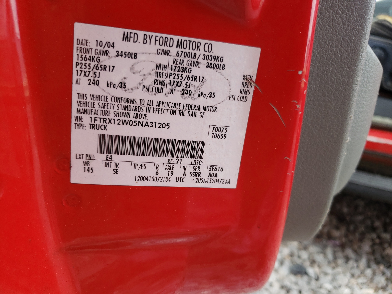 Photo 10 from auction – 2005 FORD F150 with VIN 1FTRX12W05NA31205