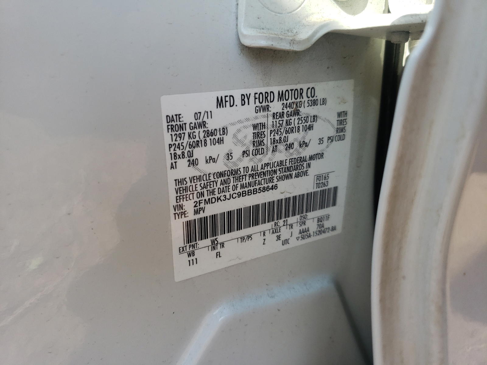 Photo 10 from auction – 2011 FORD EDGE SEL with VIN 2FMDK3JC9BBB58646