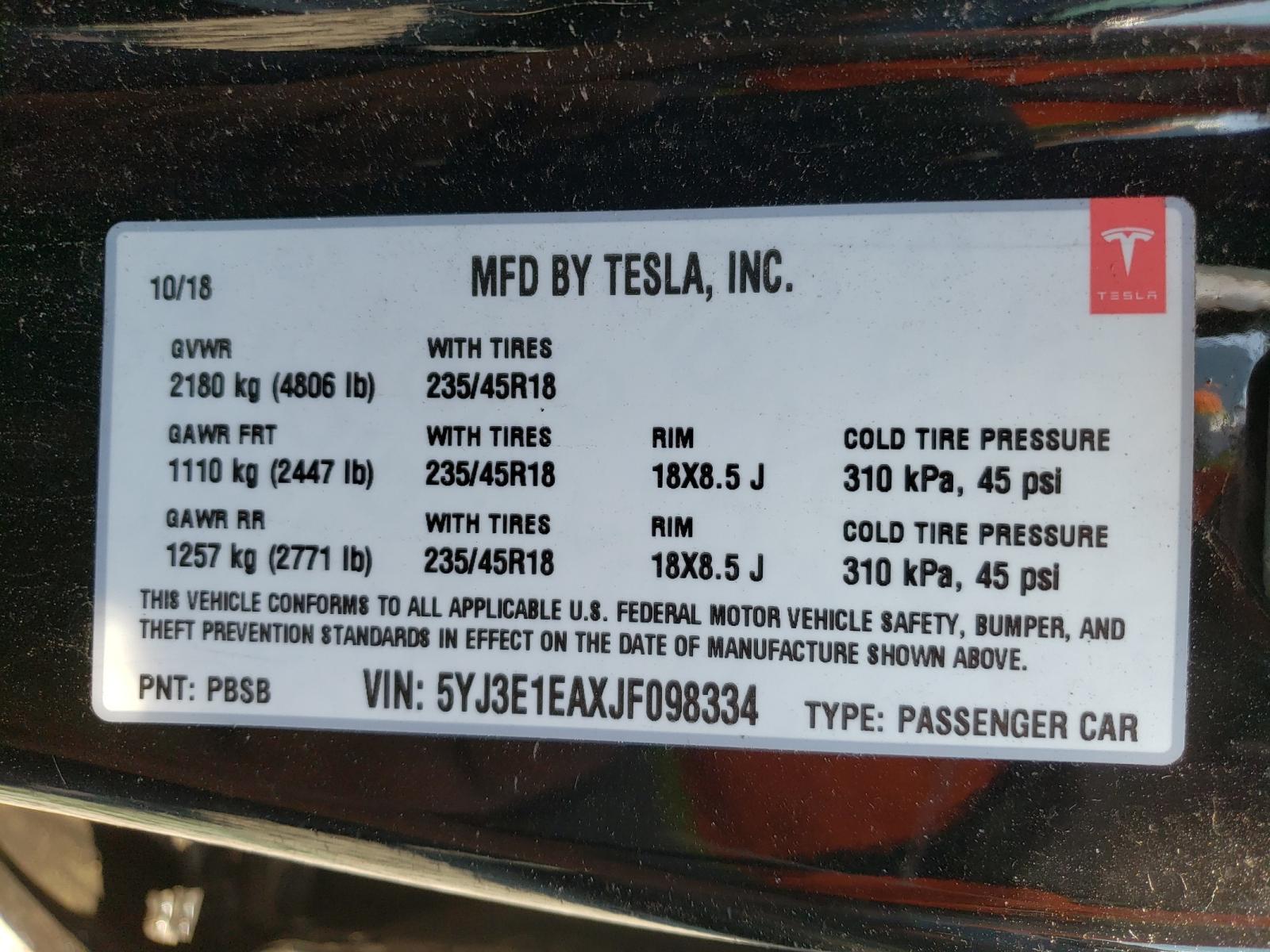 Photo 10 from auction – 2018 TESLA MODEL 3 with VIN 5YJ3E1EAXJF098334