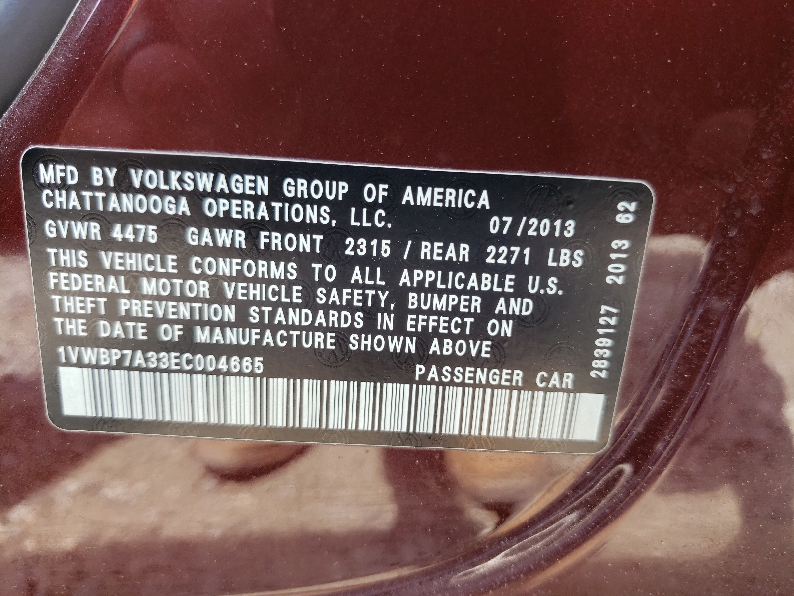 Photo 10 from auction – 2014 VOLKSWAGEN PASSAT SE with VIN 1VWBP7A33EC004665