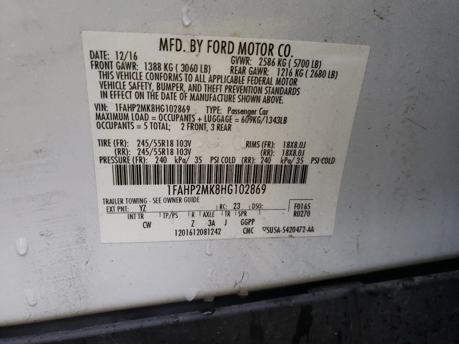 Photo 10 from auction – 2017 FORD TAURUS POL with VIN 1FAHP2MK8HG102869
