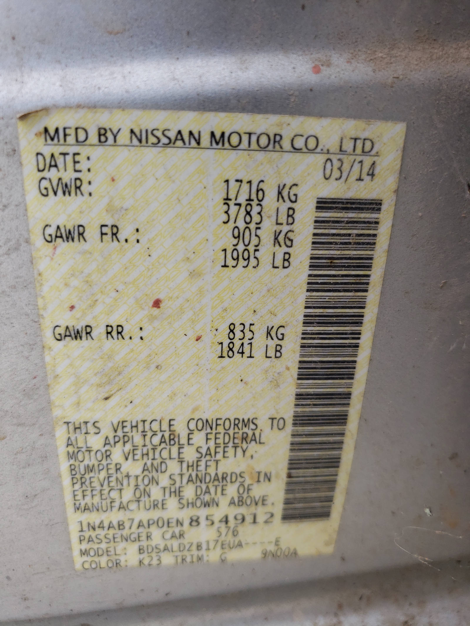 Photo 10 from auction – 2014 NISSAN SENTRA S with VIN 1N4AB7AP0EN854912
