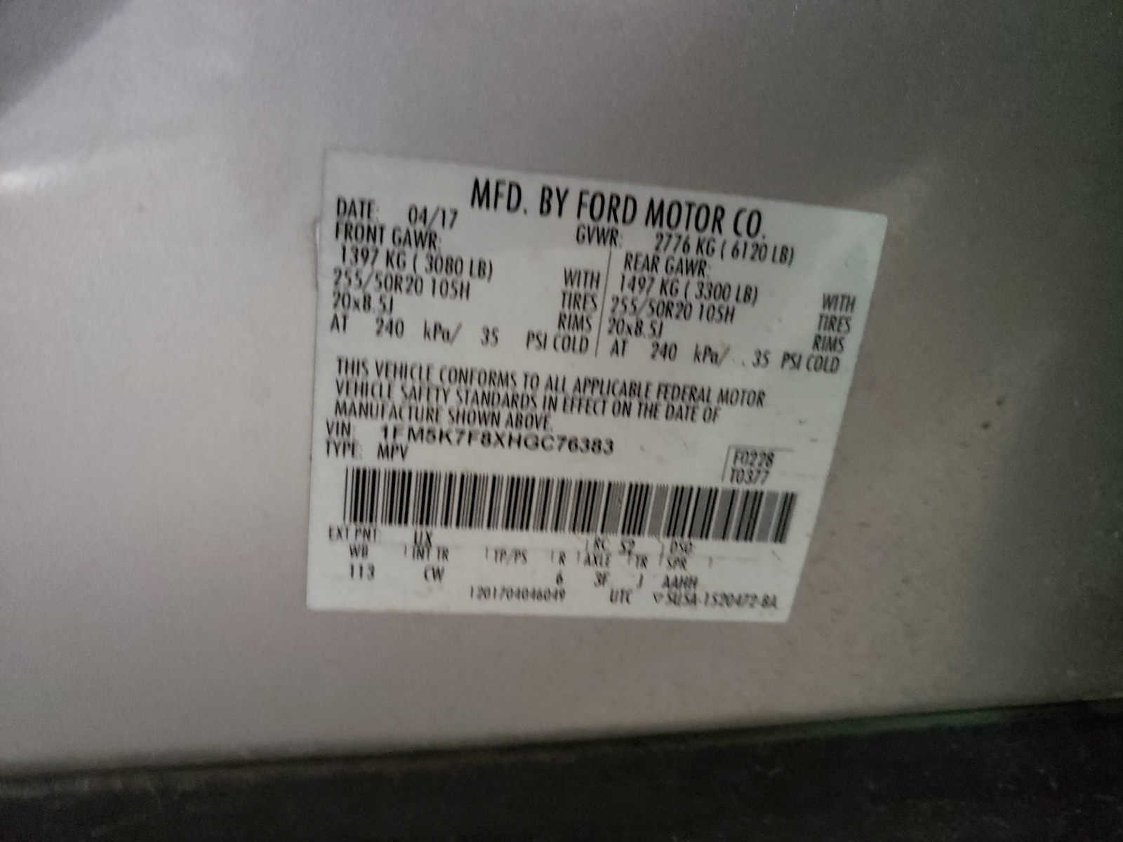 Photo 10 from auction – 2017 FORD EXPLORER L with VIN 1FM5K7F8XHGC76383