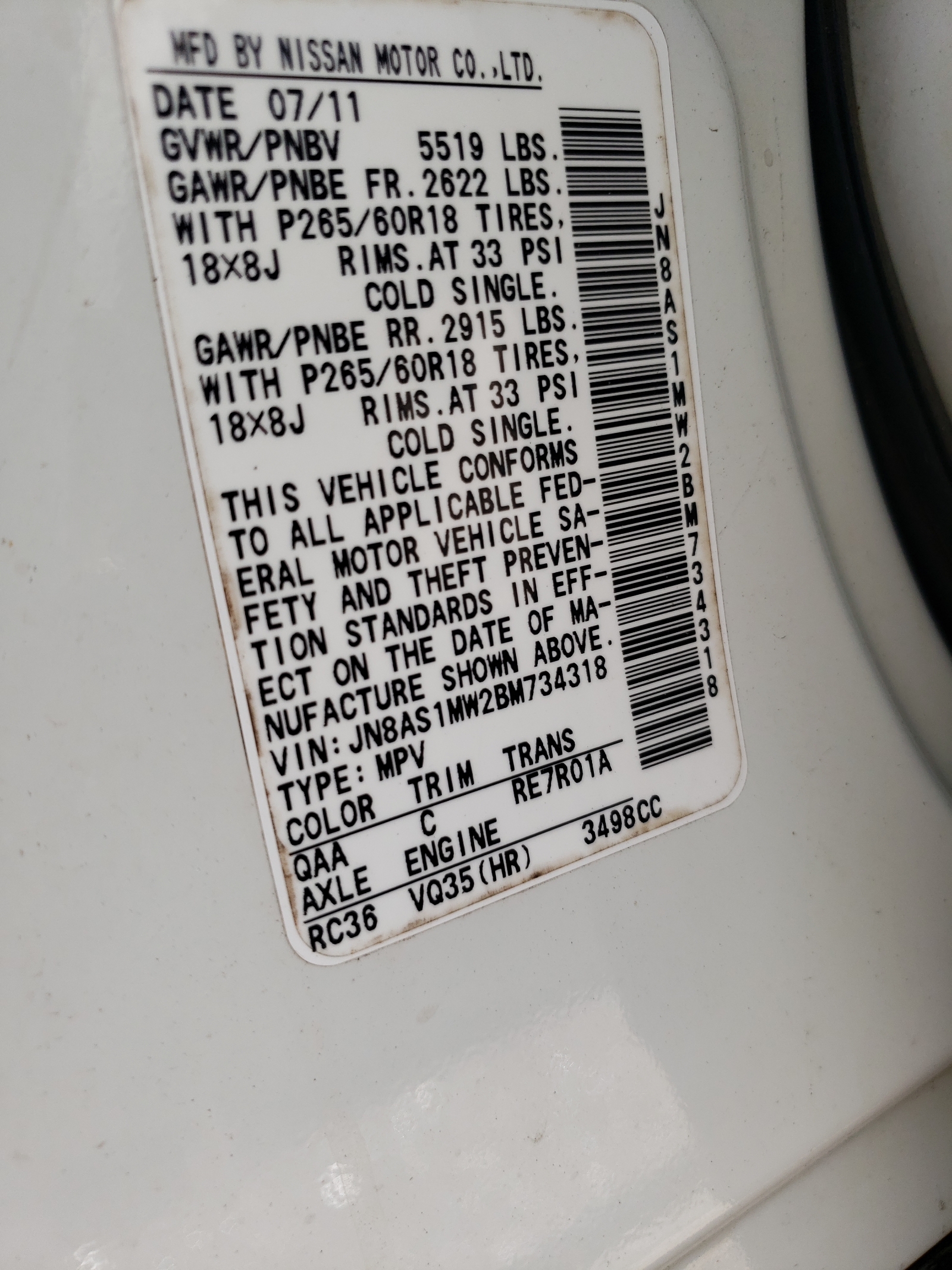 Photo 10 from auction – 2011 INFINITI FX35 with VIN JN8AS1MW2BM734318