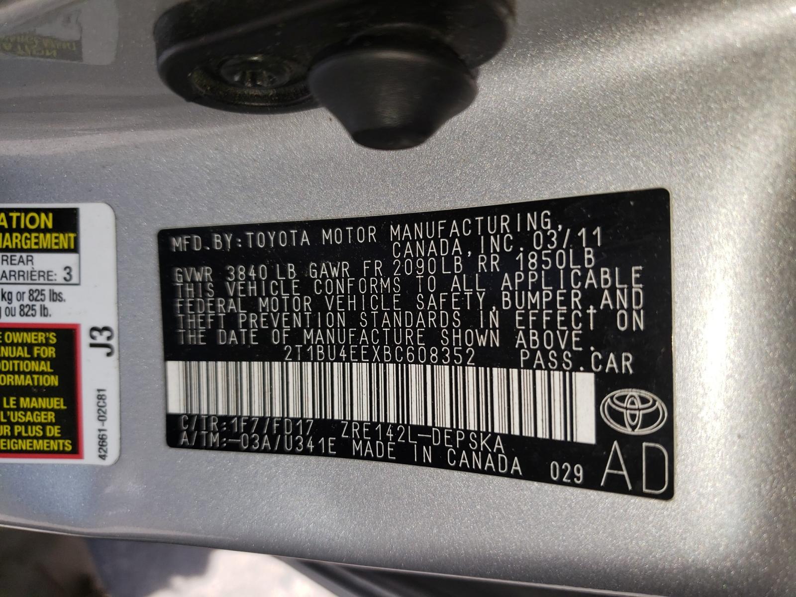 Photo 10 from auction – 2011 TOYOTA COROLLA BA with VIN 2T1BU4EEXBC608352