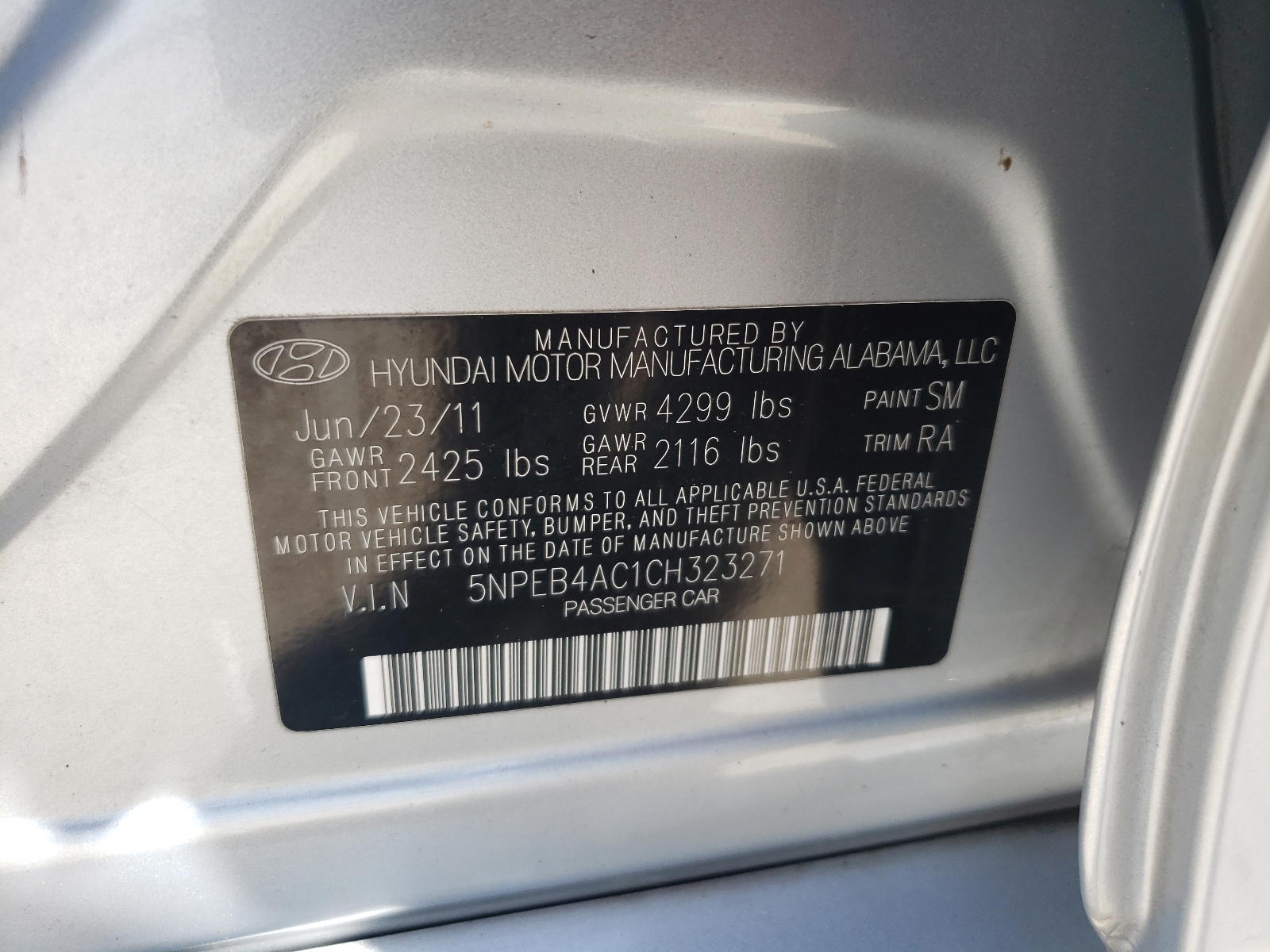 Photo 10 from auction – 2012 HYUNDAI SONATA GLS with VIN 5NPEB4AC1CH323271