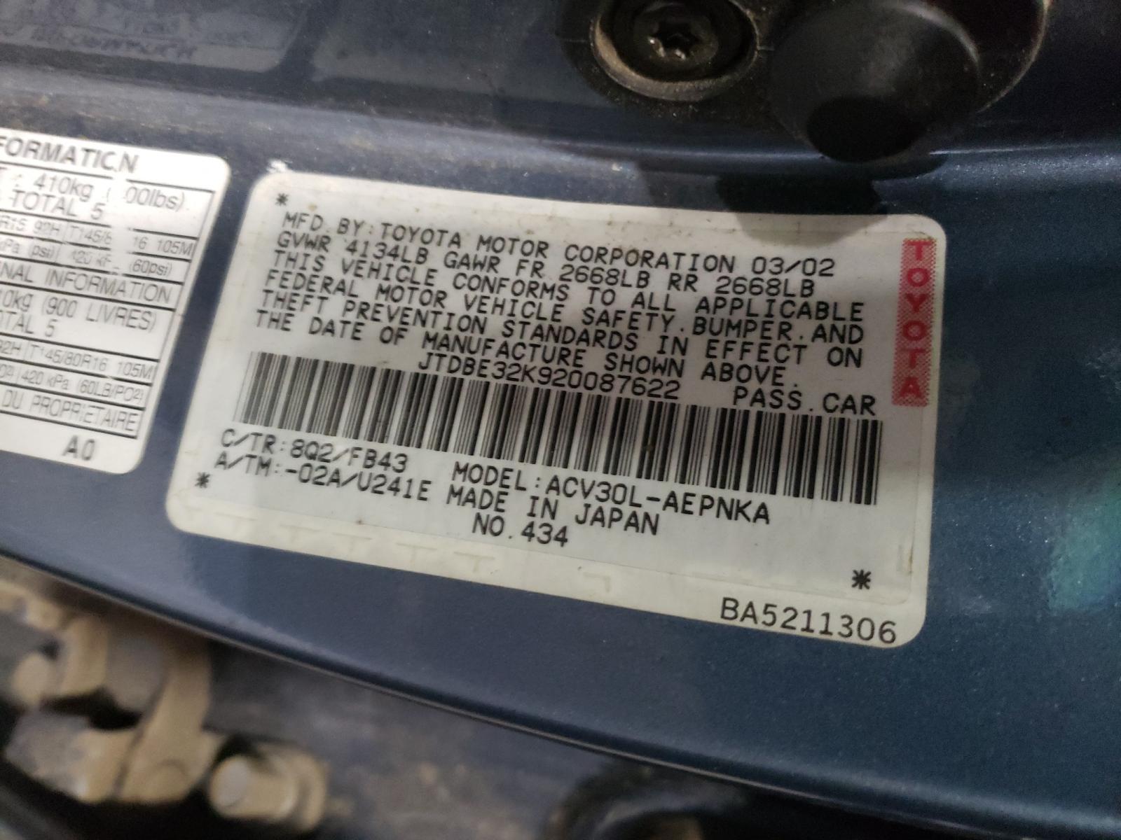 Photo 10 from auction – 2002 TOYOTA CAMRY LE with VIN JTDBE32K920087622