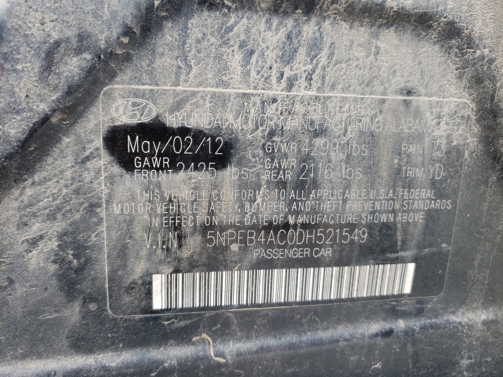 Photo 10 from auction – 2013 HYUNDAI SONATA GLS with VIN 5NPEB4AC0DH521549