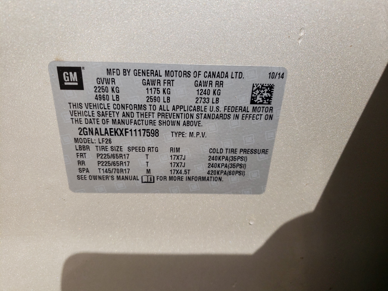 Photo 10 from auction – 2015 CHEVROLET EQUINOX LS with VIN 2GNALAEKXF1117598