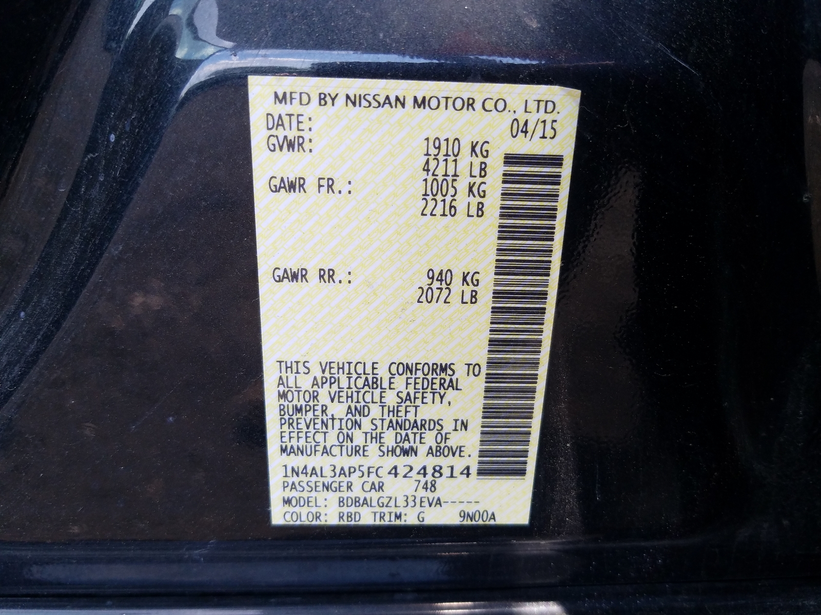 Photo 10 from auction – 2015 NISSAN ALTIMA 2.5 with VIN 1N4AL3AP5FC424814