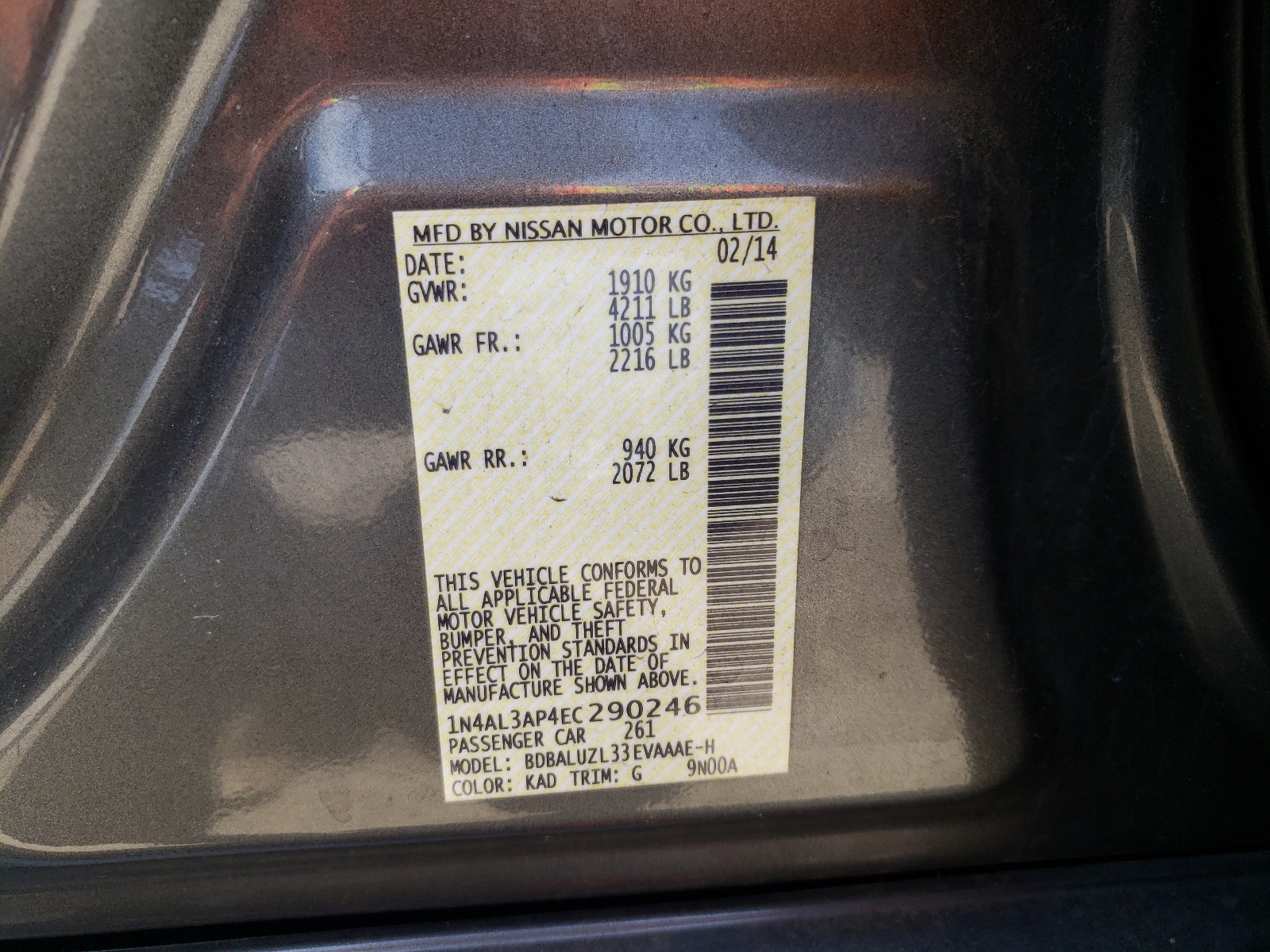 Photo 10 from auction – 2014 NISSAN ALTIMA 2.5 with VIN 1N4AL3AP4EC290246