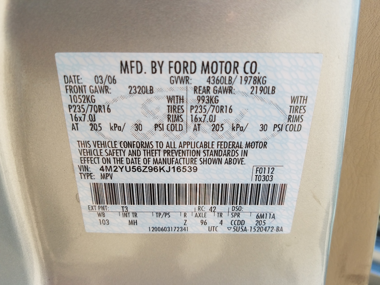 Photo 10 from auction – 2006 MERCURY MARINER with VIN 4M2YU56Z96KJ16539