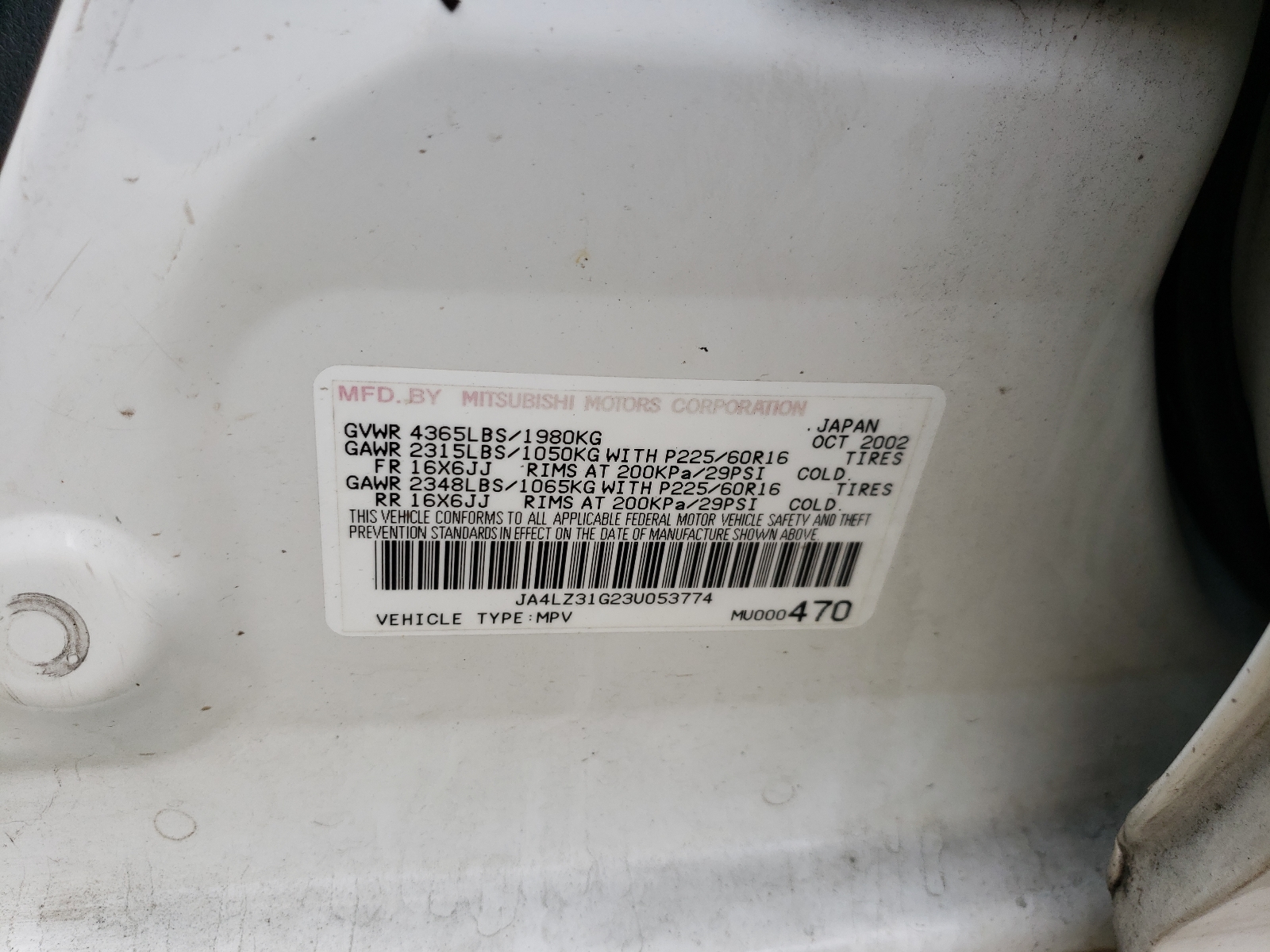Photo 10 from auction – 2003 MITSUBISHI OUTLANDER with VIN JA4LZ31G23U053774