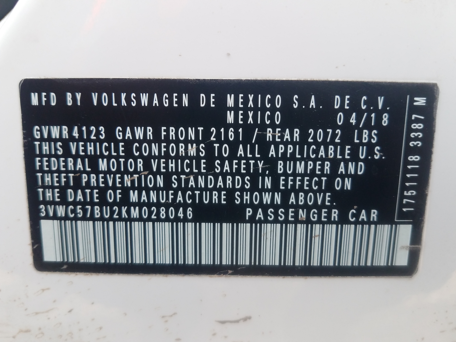 Photo 10 from auction – 2019 VOLKSWAGEN JETTA S with VIN 3VWC57BU2KM028046