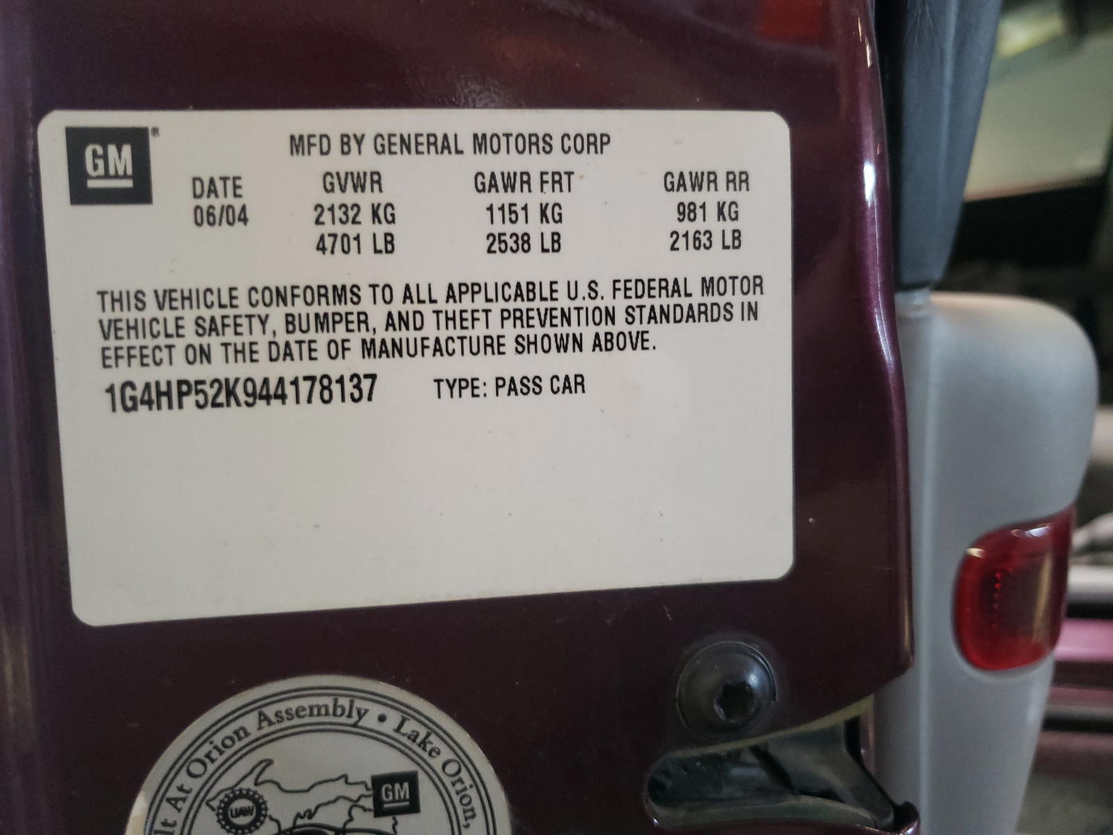 Photo 10 from auction – 2005 BUICK LESABRE with VIN 1G4HP52K944178137