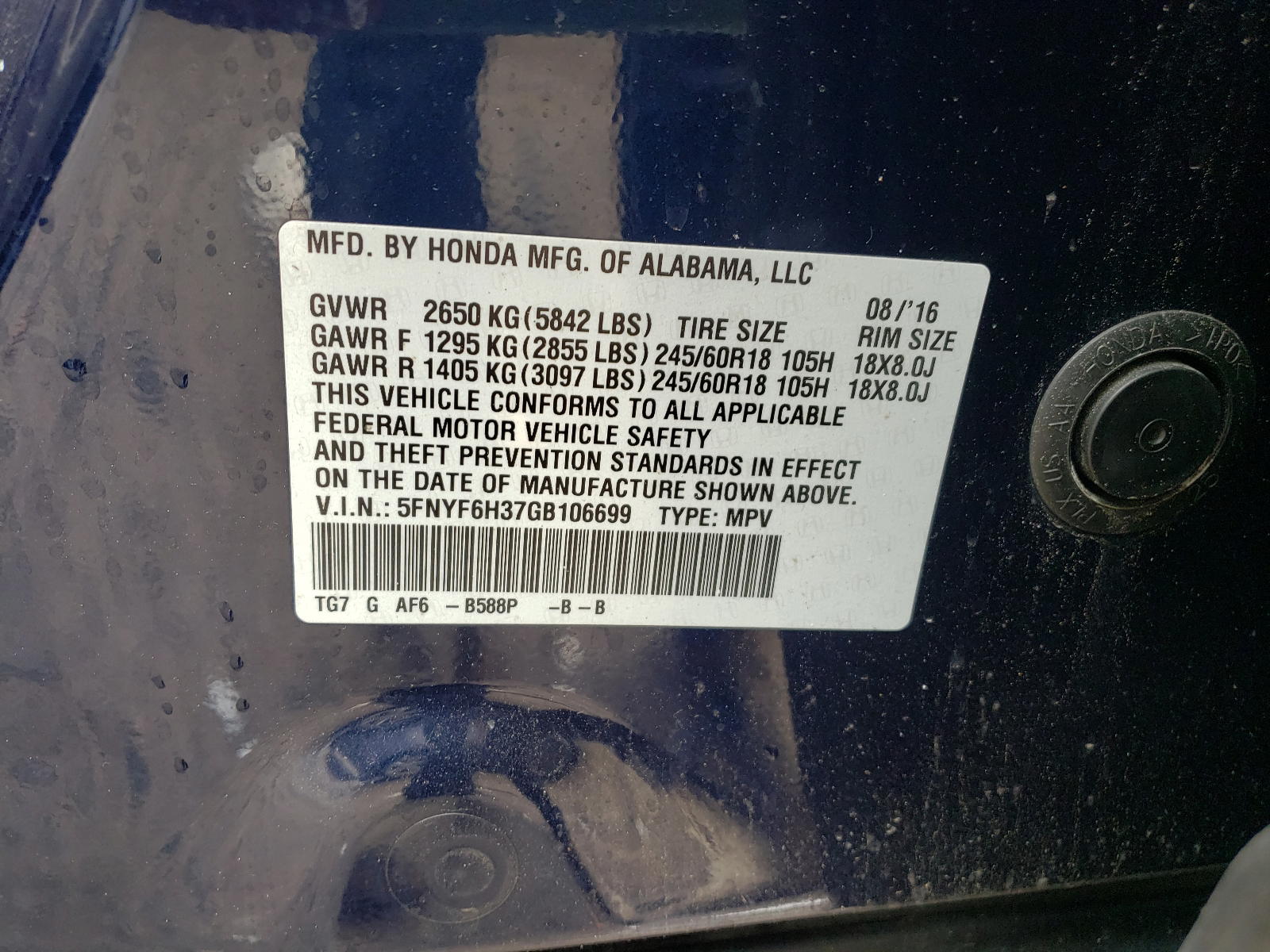 Photo 10 from auction – 2016 HONDA PILOT EX with VIN 5FNYF6H37GB106699