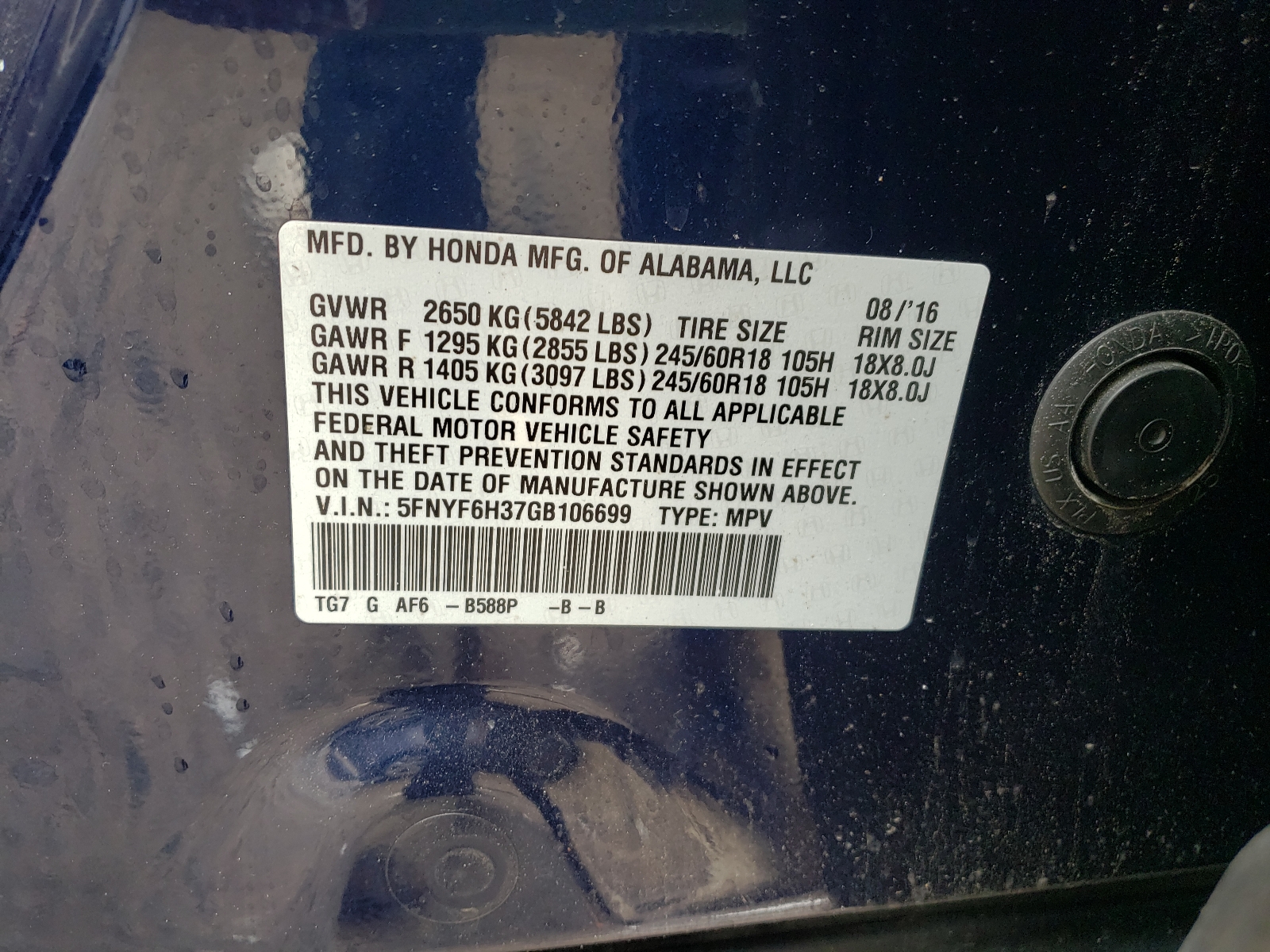 Zdjęcie 10 z aukcji – 2016 HONDA PILOT EX z VIN 5FNYF6H37GB106699
