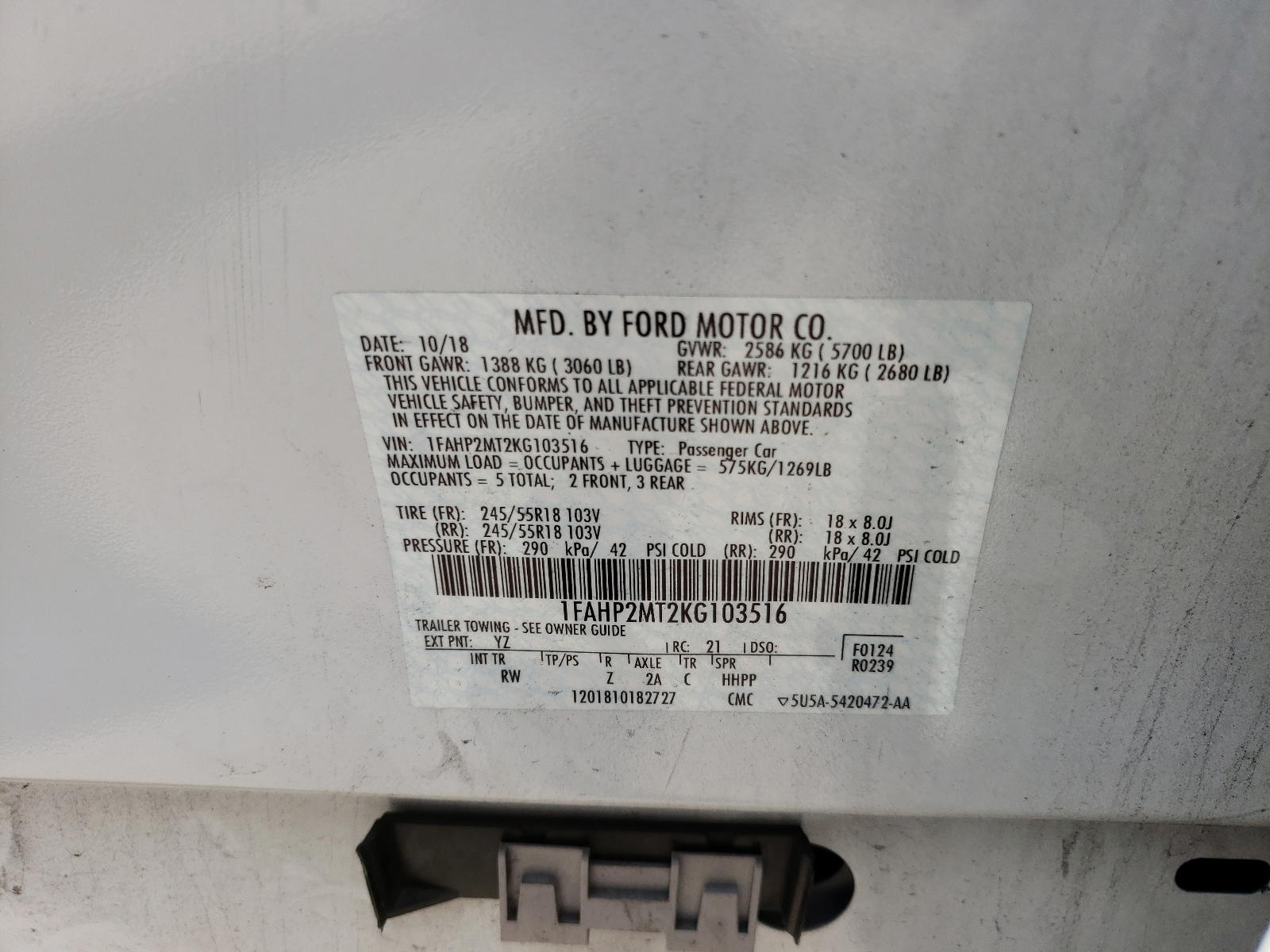 Photo 10 from auction – 2019 FORD TAURUS POL with VIN 1FAHP2MT2KG103516