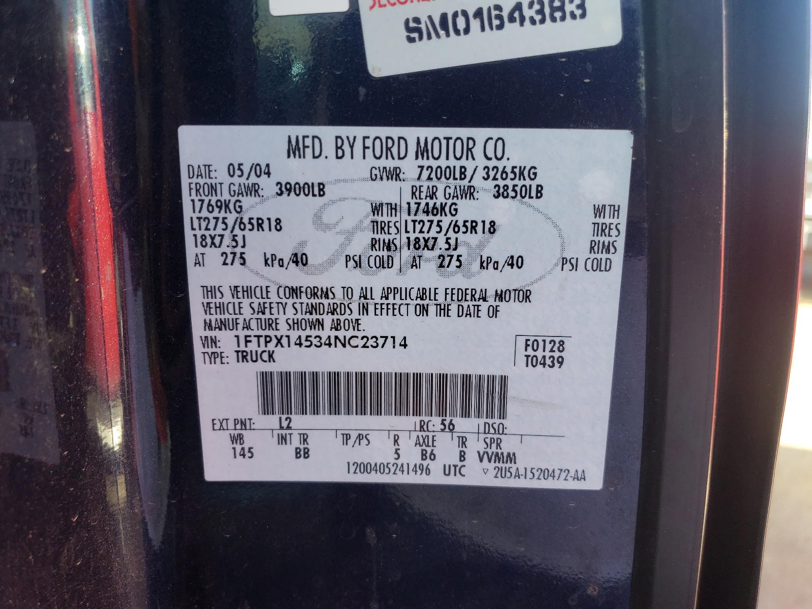 Photo 10 from auction – 2004 FORD F150 with VIN 1FTPX14534NC23714