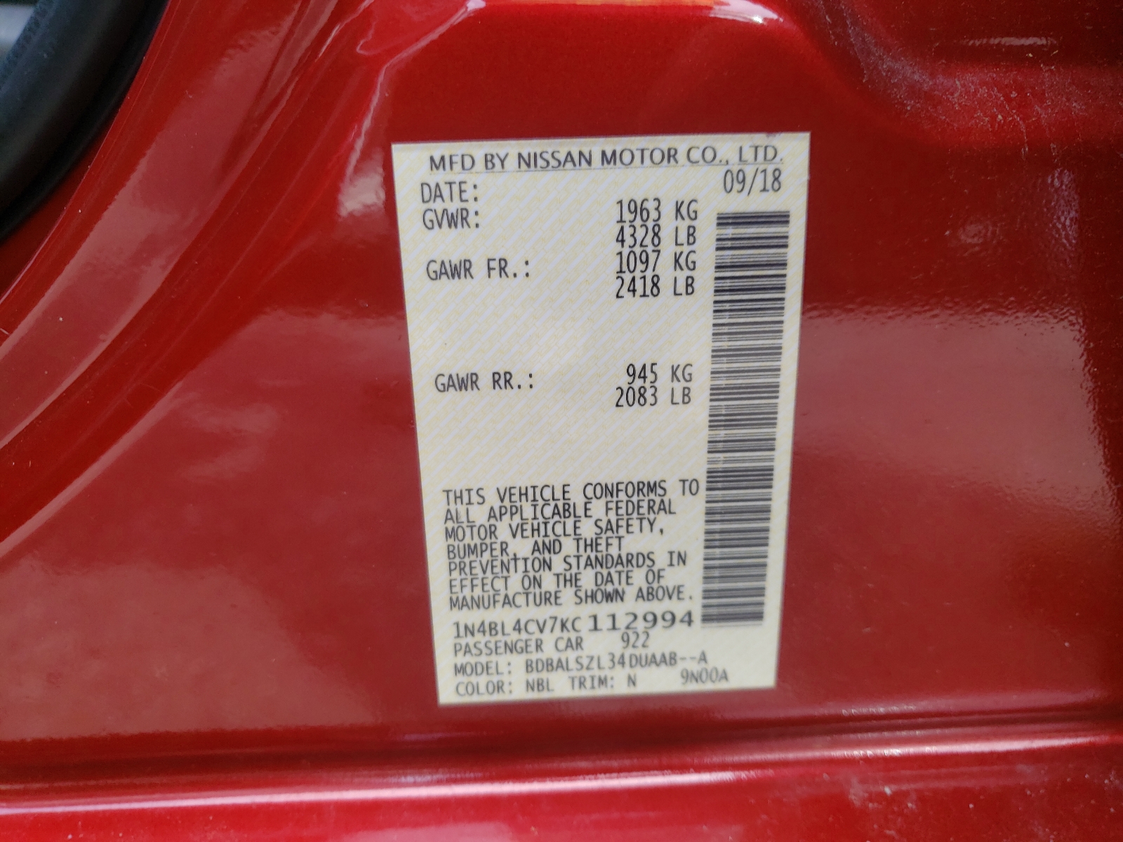 Photo 10 from auction – 2019 NISSAN ALTIMA SR with VIN 1N4BL4CV7KC112994