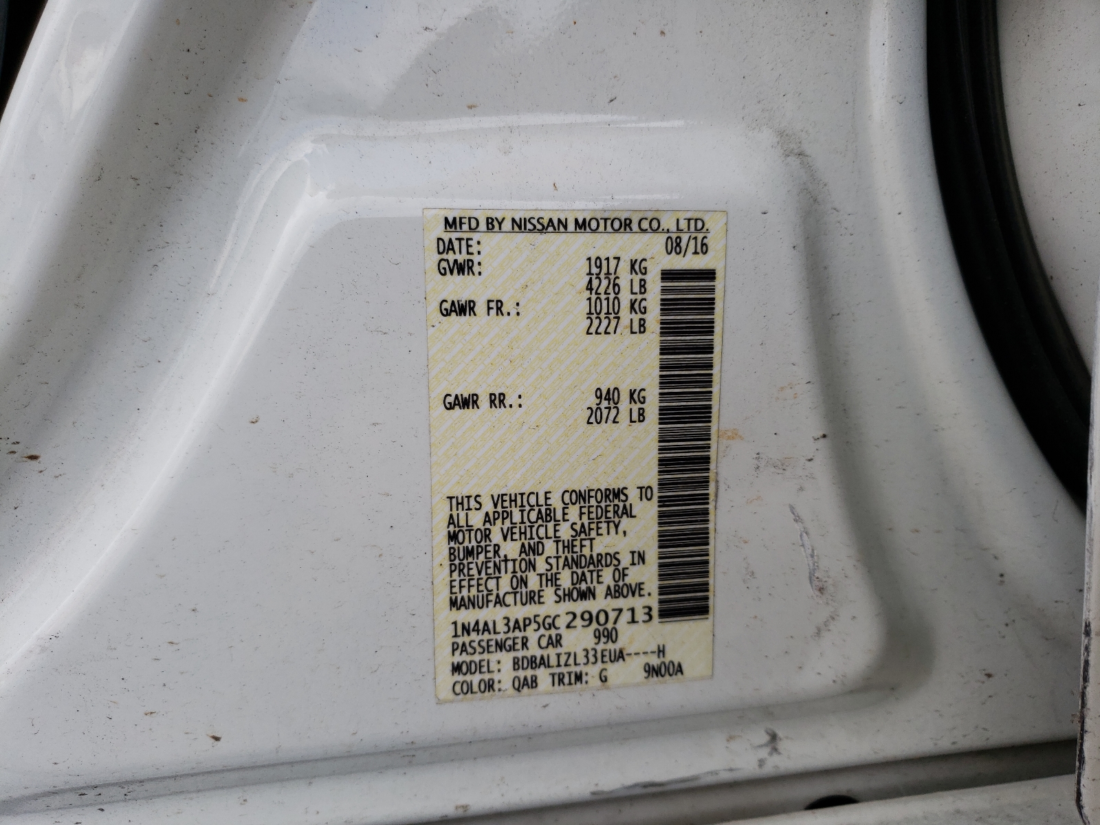 Photo 10 from auction – 2016 NISSAN ALTIMA 2.5 with VIN 1N4AL3AP5GC290713