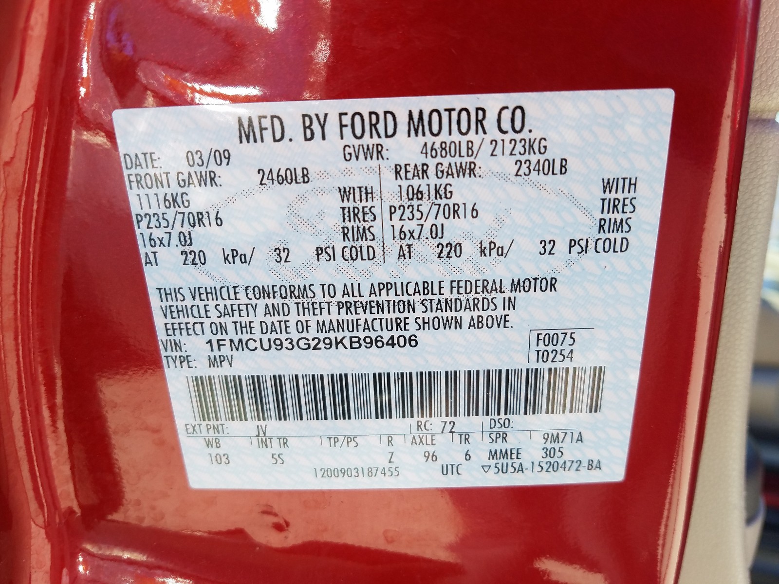 Photo 10 from auction – 2009 FORD ESCAPE XLT with VIN 1FMCU93G29KB96406