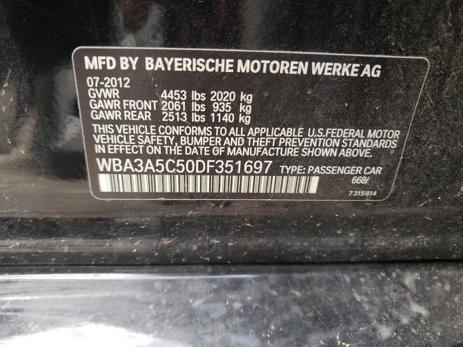 Photo 10 from auction – 2013 BMW 328 I with VIN WBA3A5C50DF351697