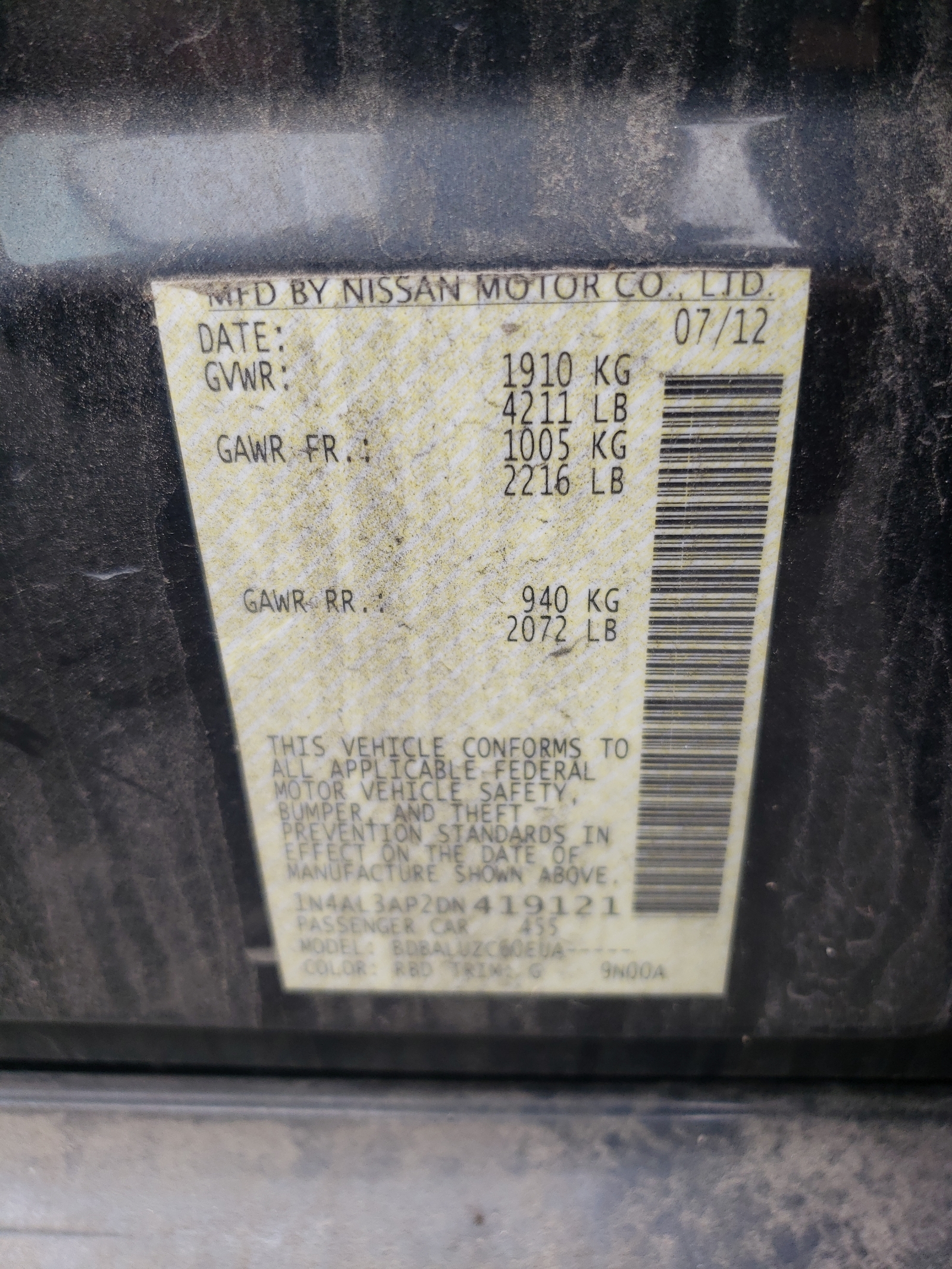 Photo 10 from auction – 2013 NISSAN ALTIMA 2.5 with VIN 1N4AL3AP2DN419121