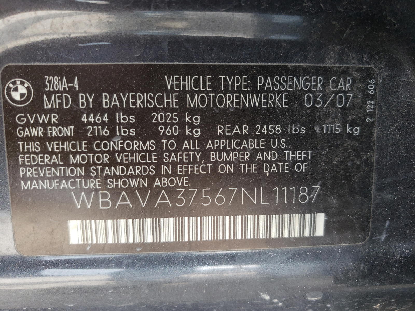 Photo 10 from auction – 2007 BMW 328 I with VIN WBAVA37567NL11187