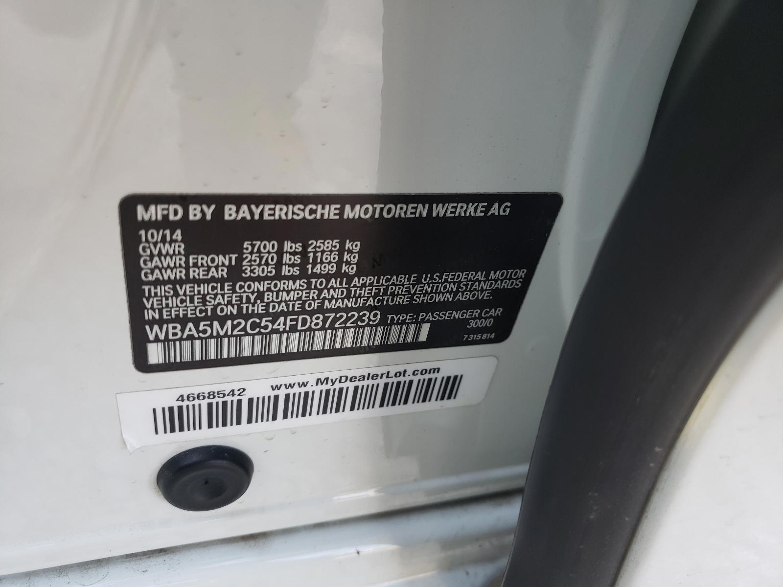 Photo 10 from auction – 2015 BMW 535 IGT with VIN WBA5M2C54FD872239
