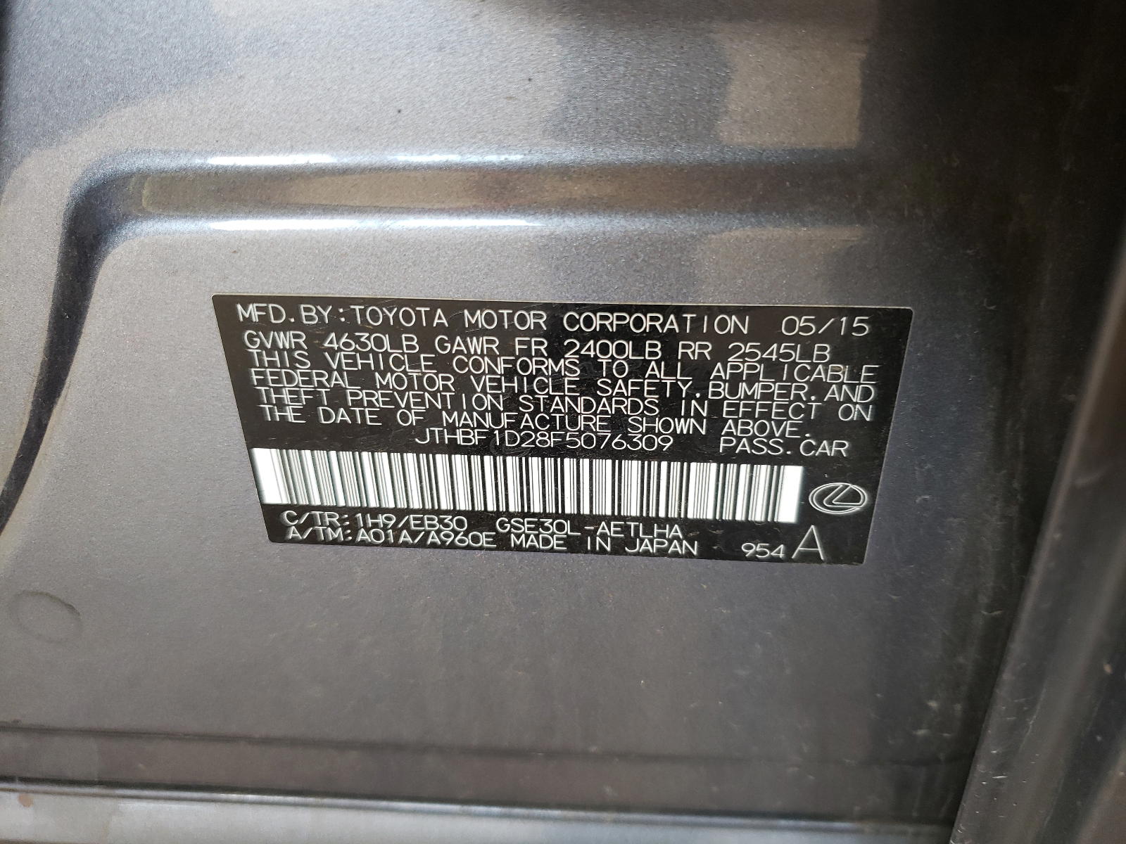 Photo 10 from auction – 2015 LEXUS IS 250 with VIN JTHBF1D28F5076309